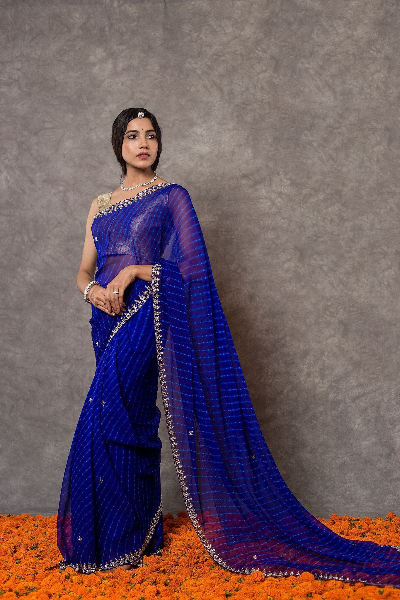Blue Lehariya Pure Georgette 20 Gsm Kardana sequins border butti handwork traditional wear saree