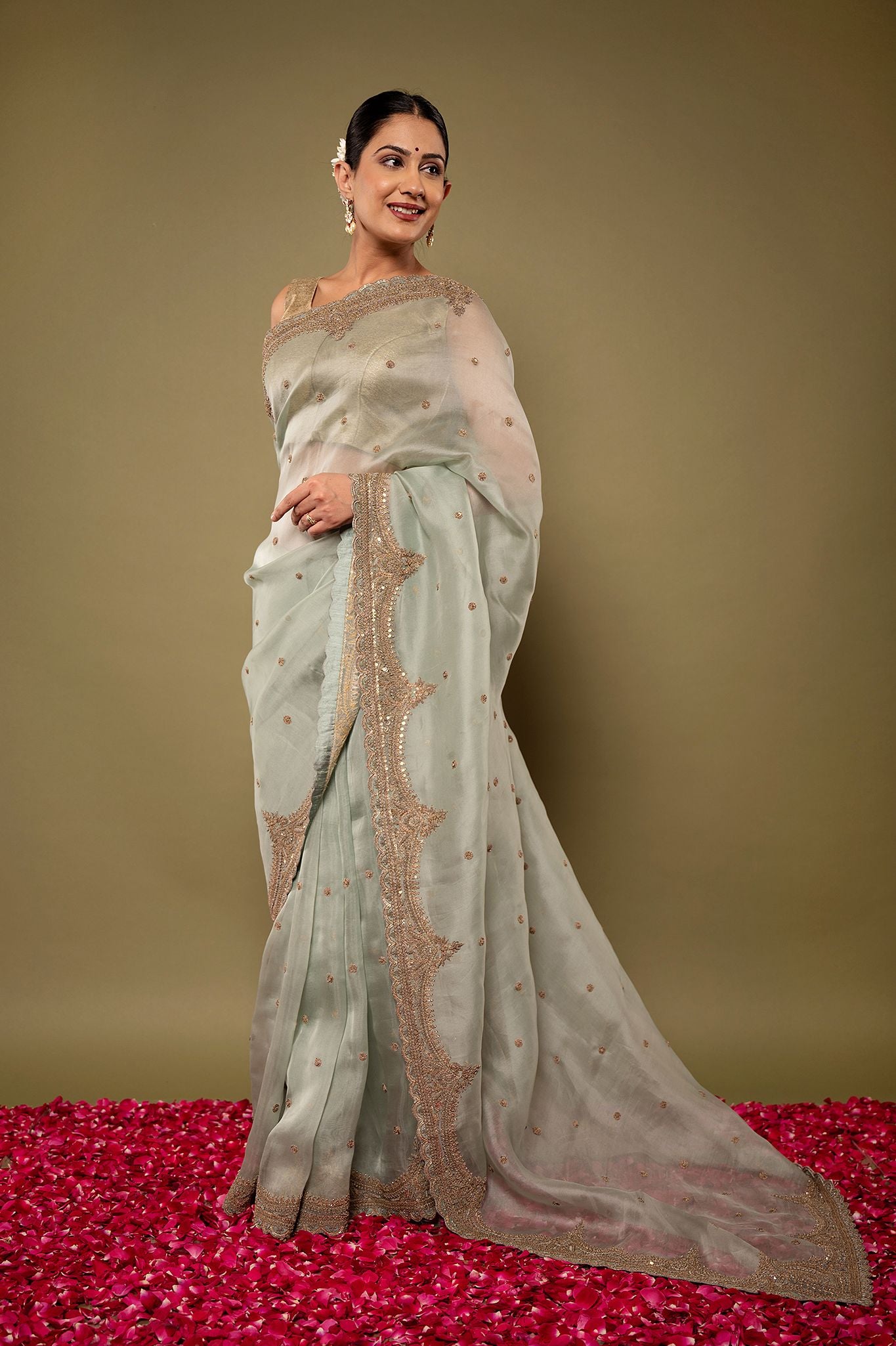 Greyish Green pure organza Dapka Marodi Border Butti handwork saree