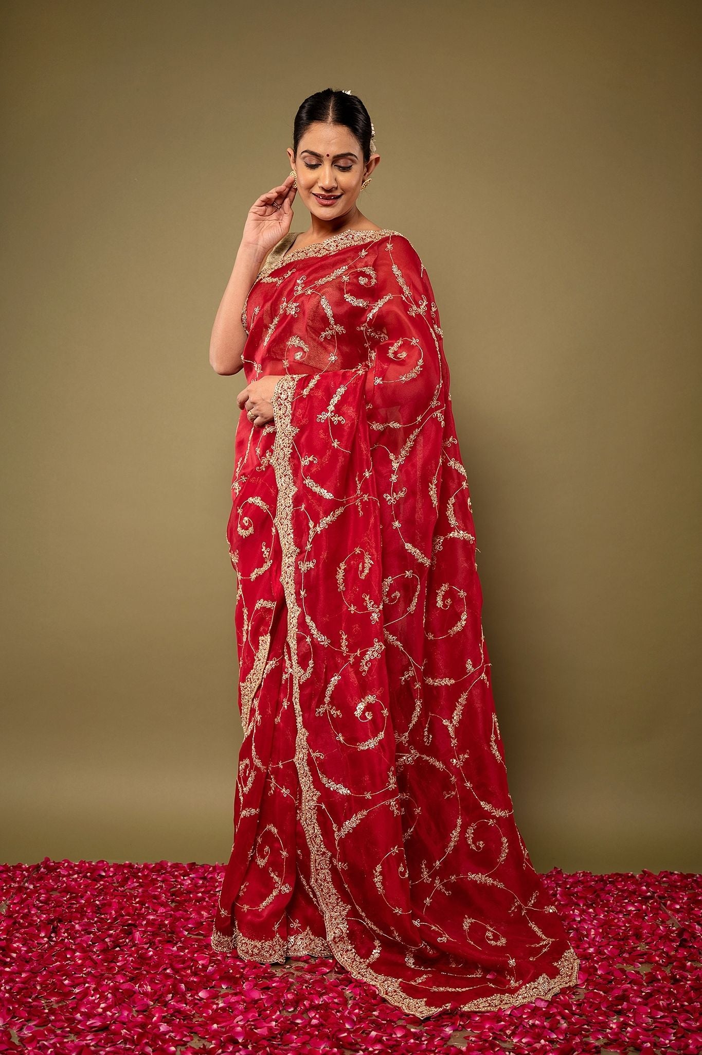 red pure organza Dapka Zardozi border butti jaal handwork saree
