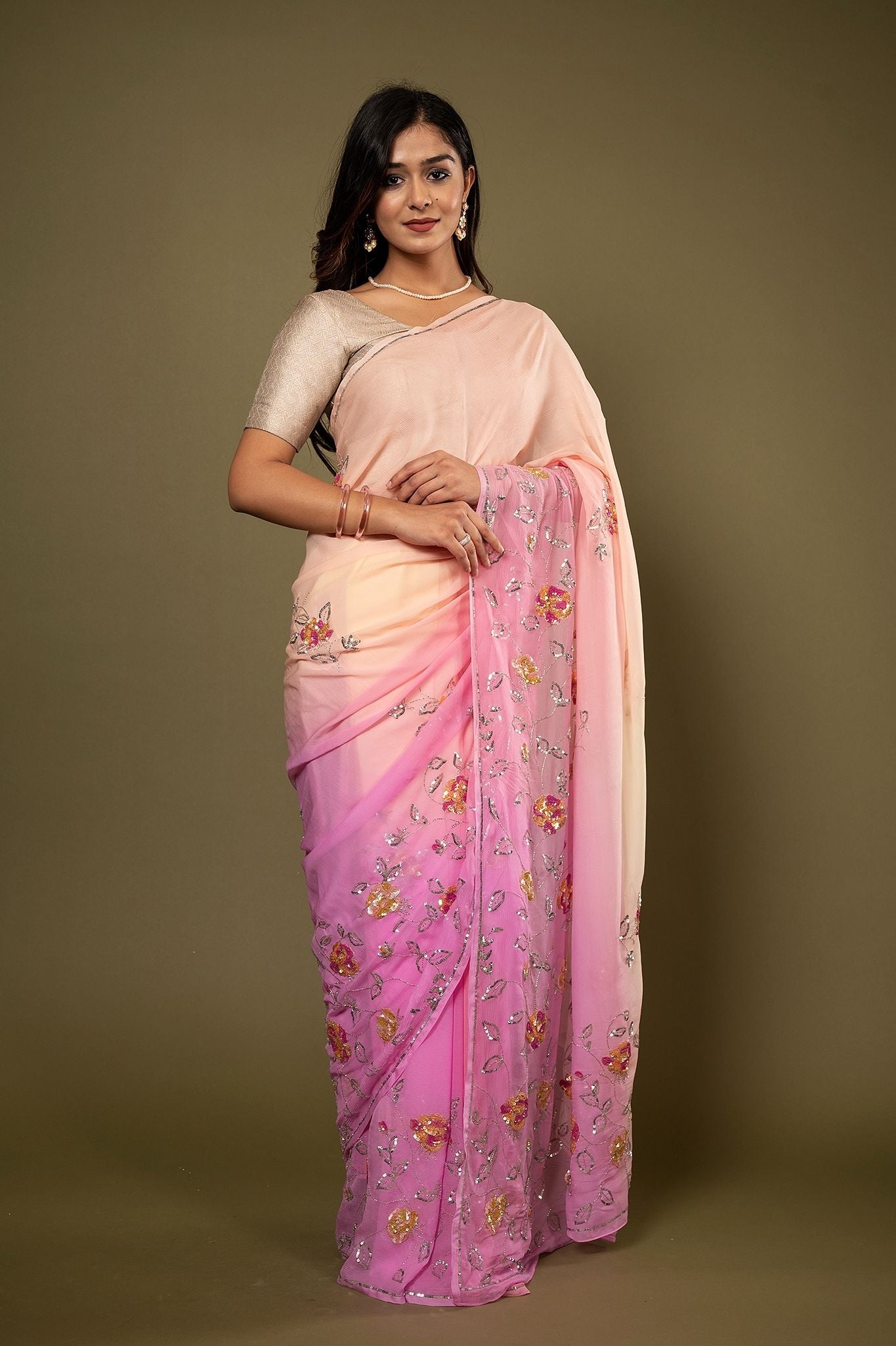 Pink Peach pure chiffon Sequins Butti handwork saree