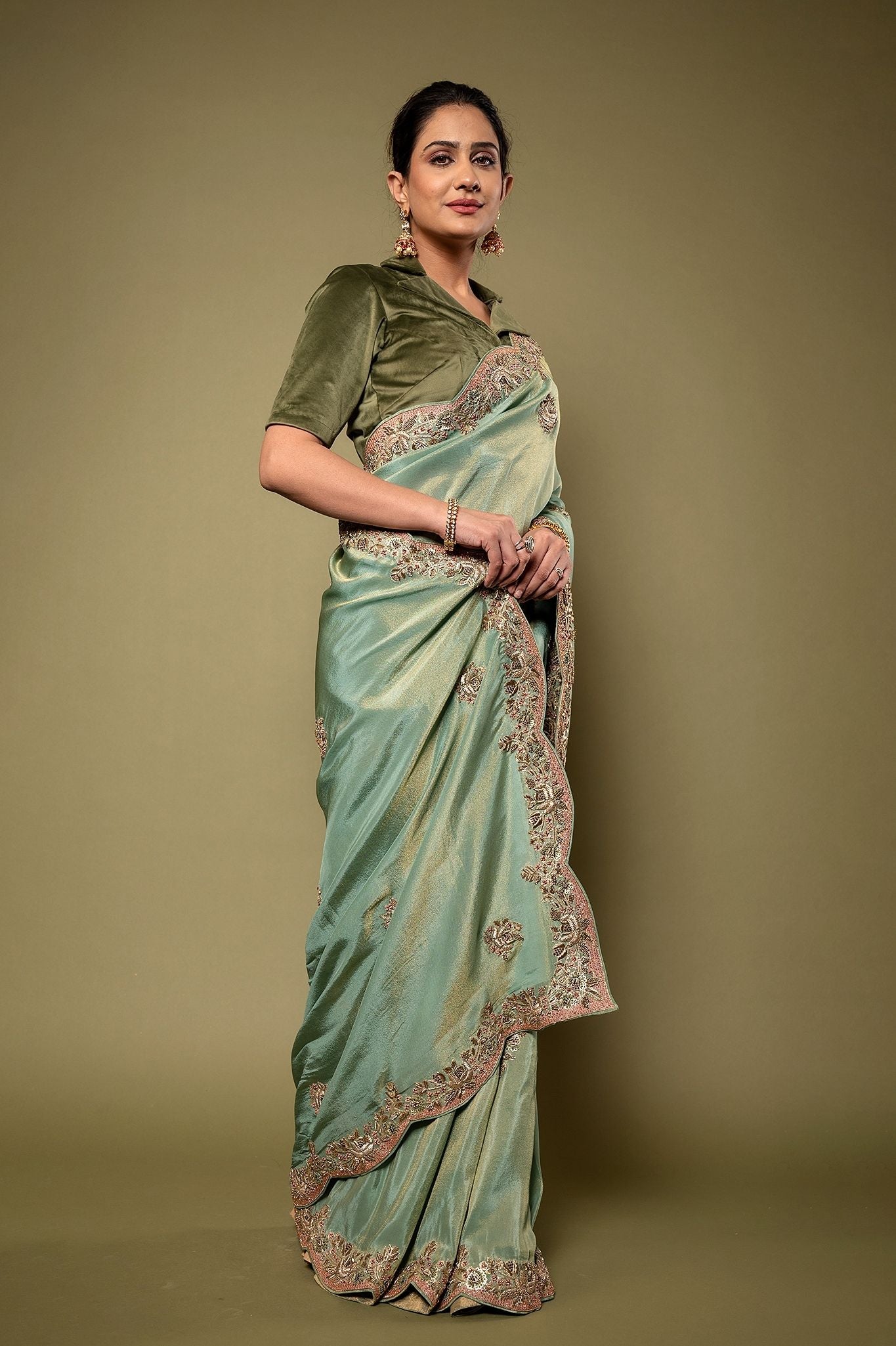 Green pure tissue Resham Zardozi border butti handwork saree