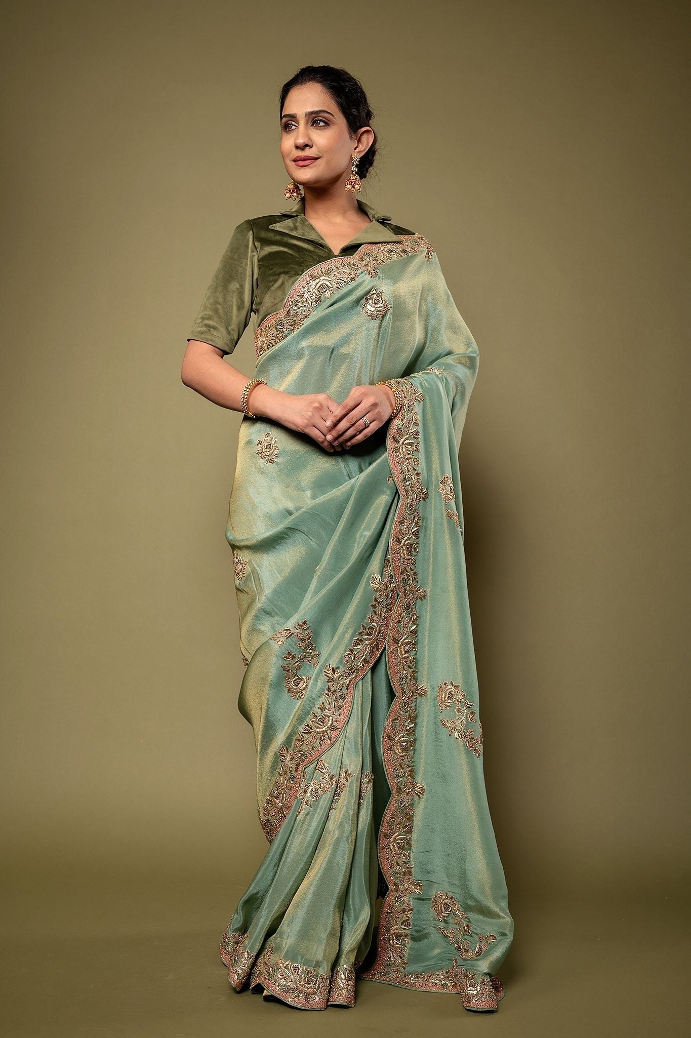 Green pure tissue Resham Zardozi border butti handwork saree