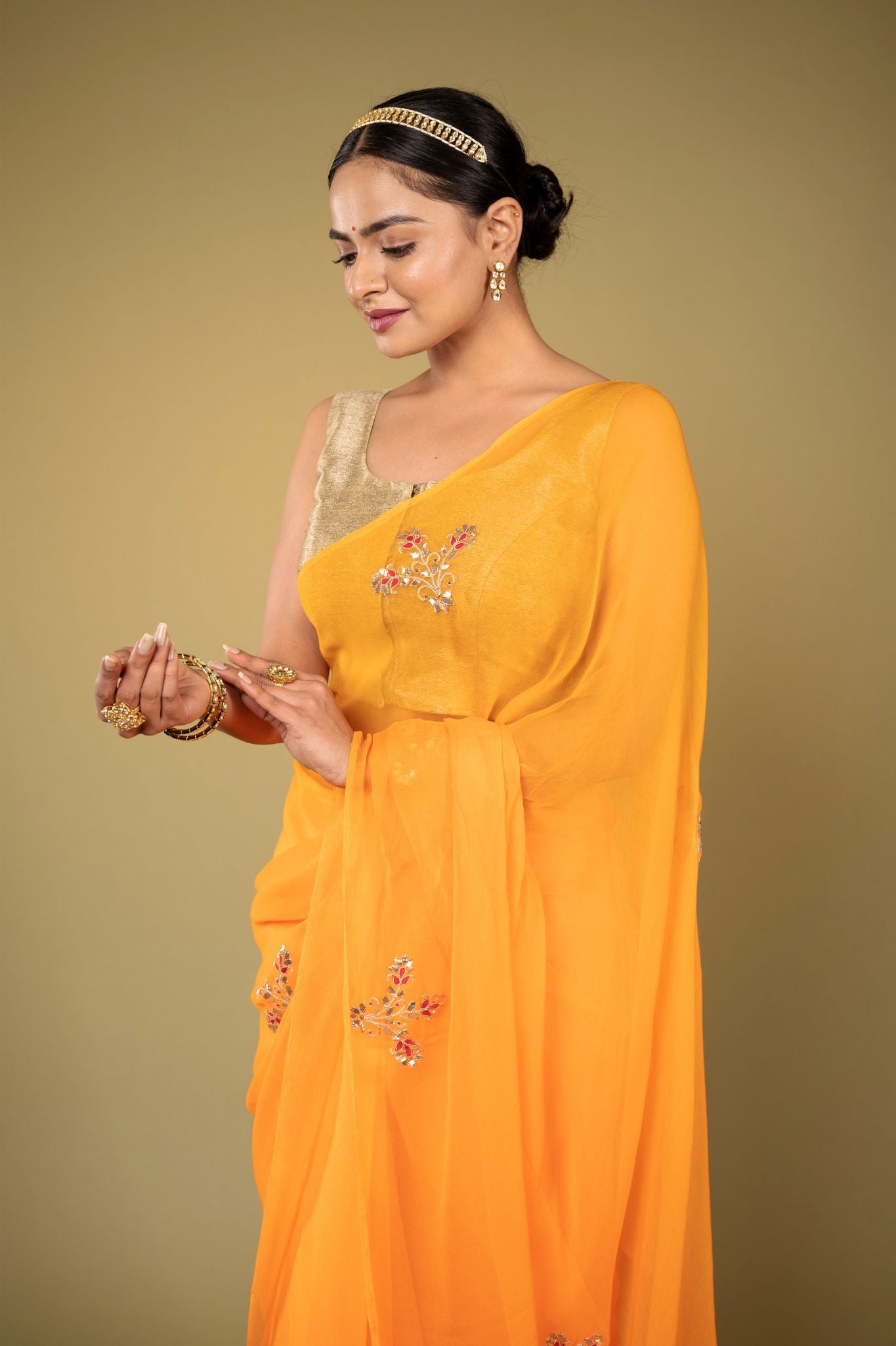 Pastel orange viscose chiffon aari resham gota pati motif handwork casual wear saree