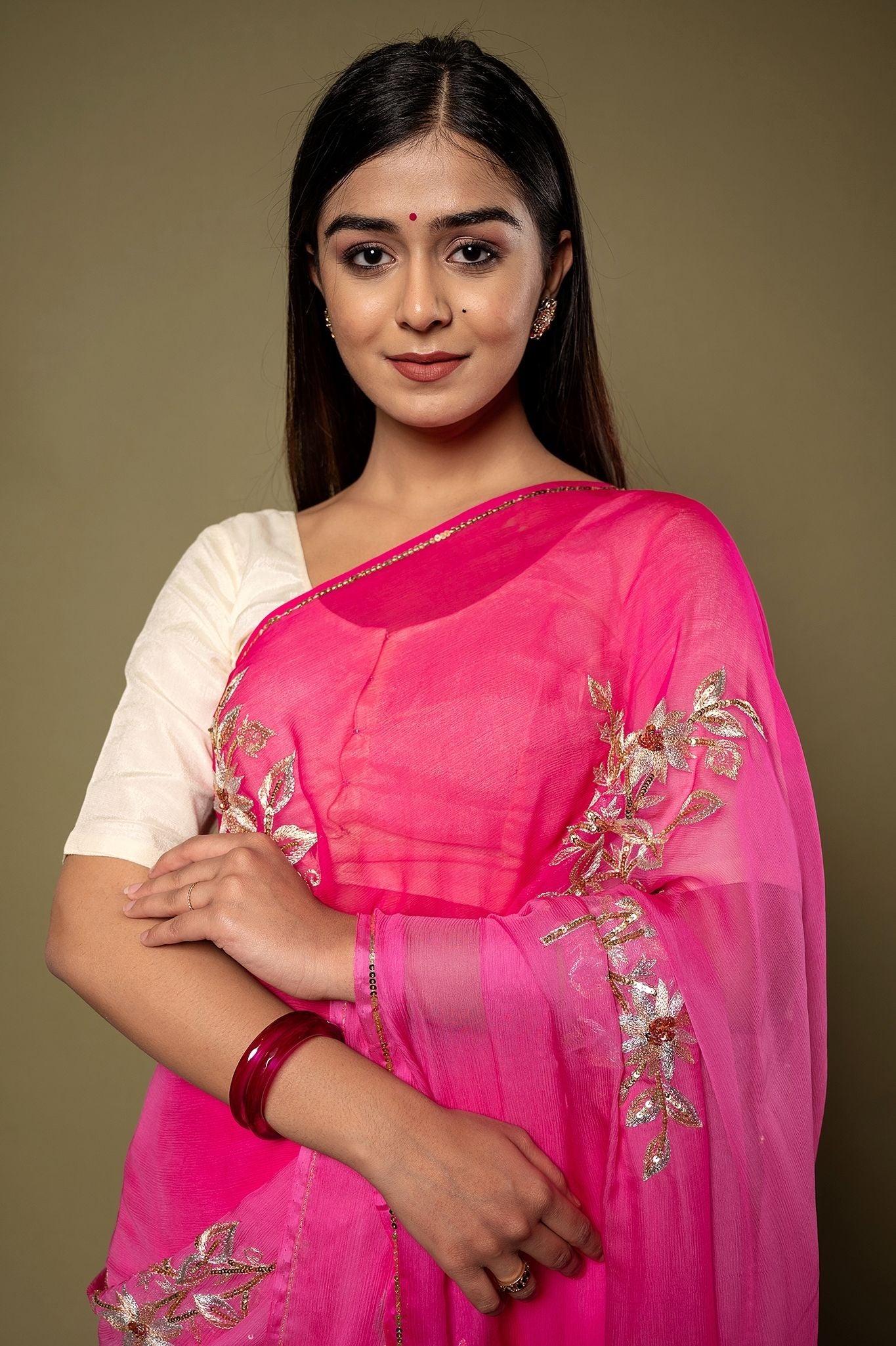 Pink Pure Chiffon Aari sequins Motif handwork Saree