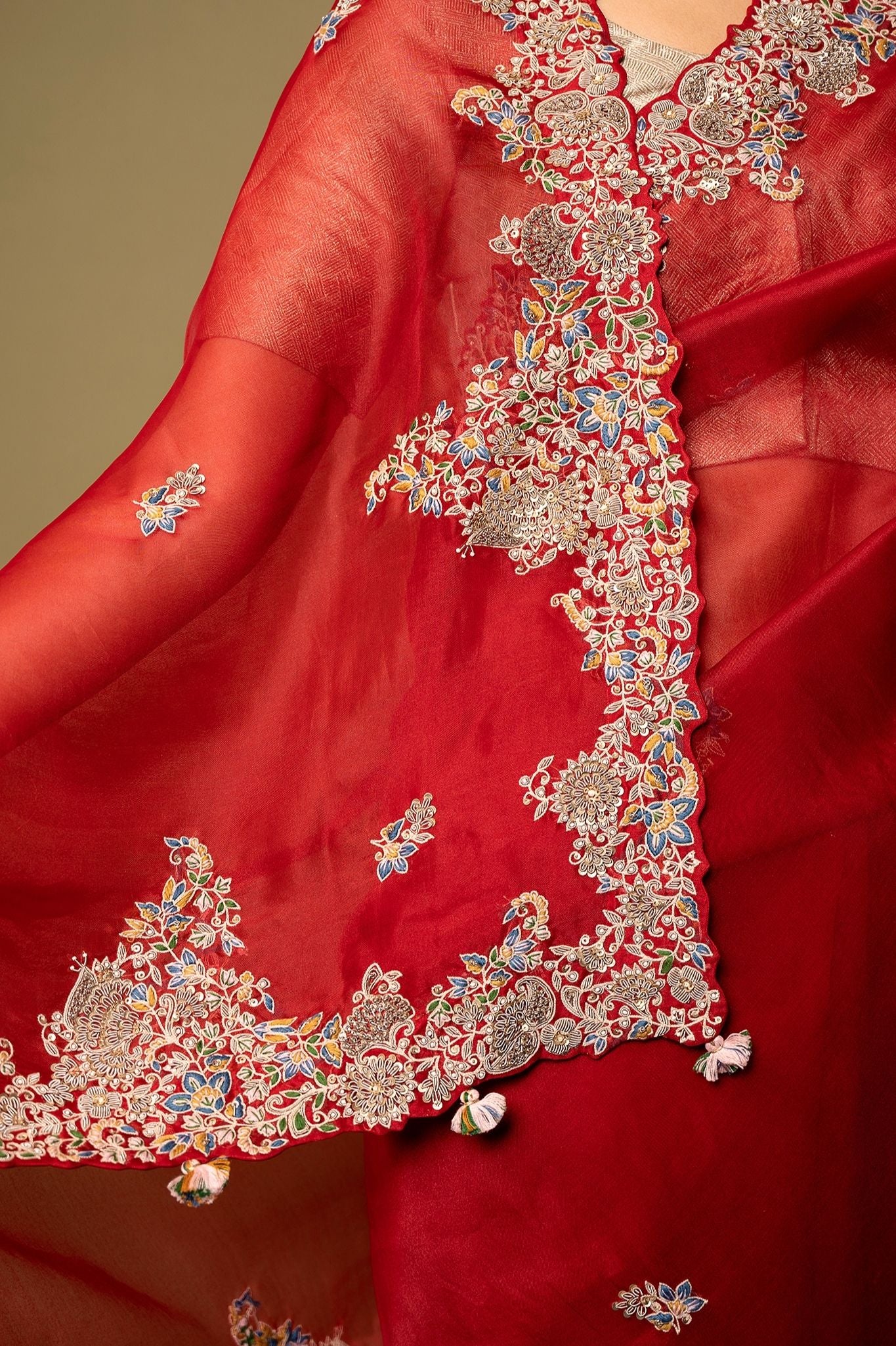 Red pure organza Dapka Marodi Zardozi Border Jaal handwork saree