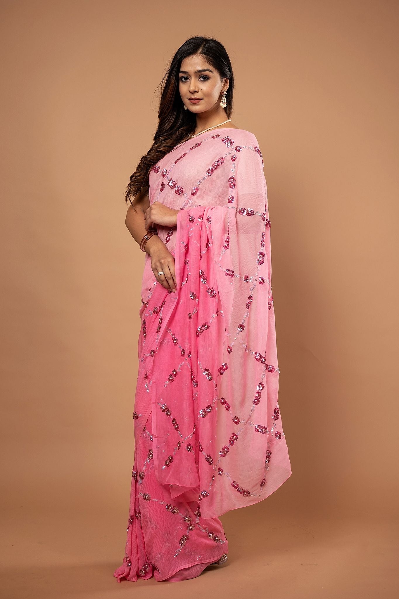Pink light dark pure chiffon sequins jaal handwork saree