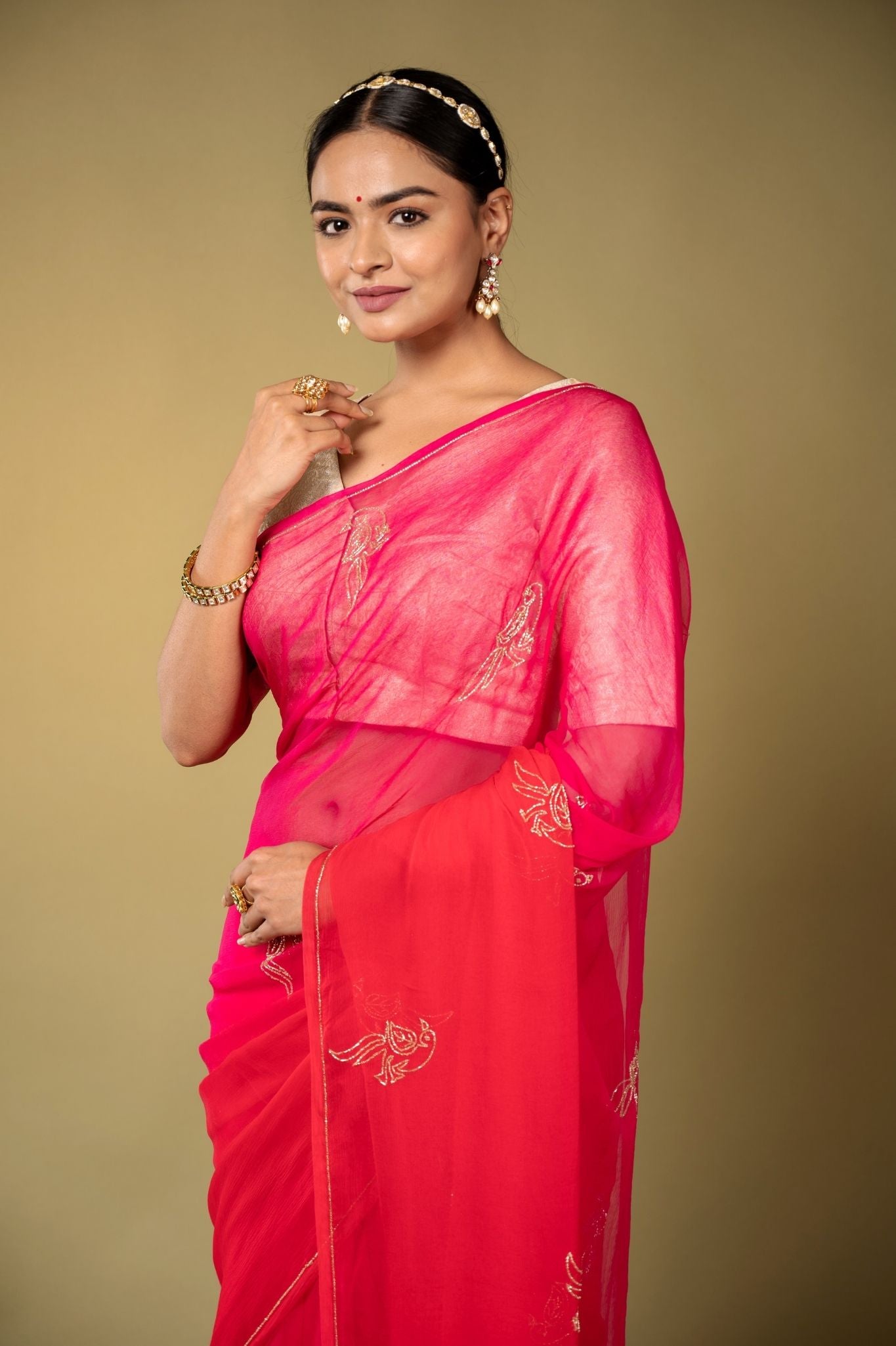 Fussia Pink viscose chiffon kardana motif handwork casual wear saree