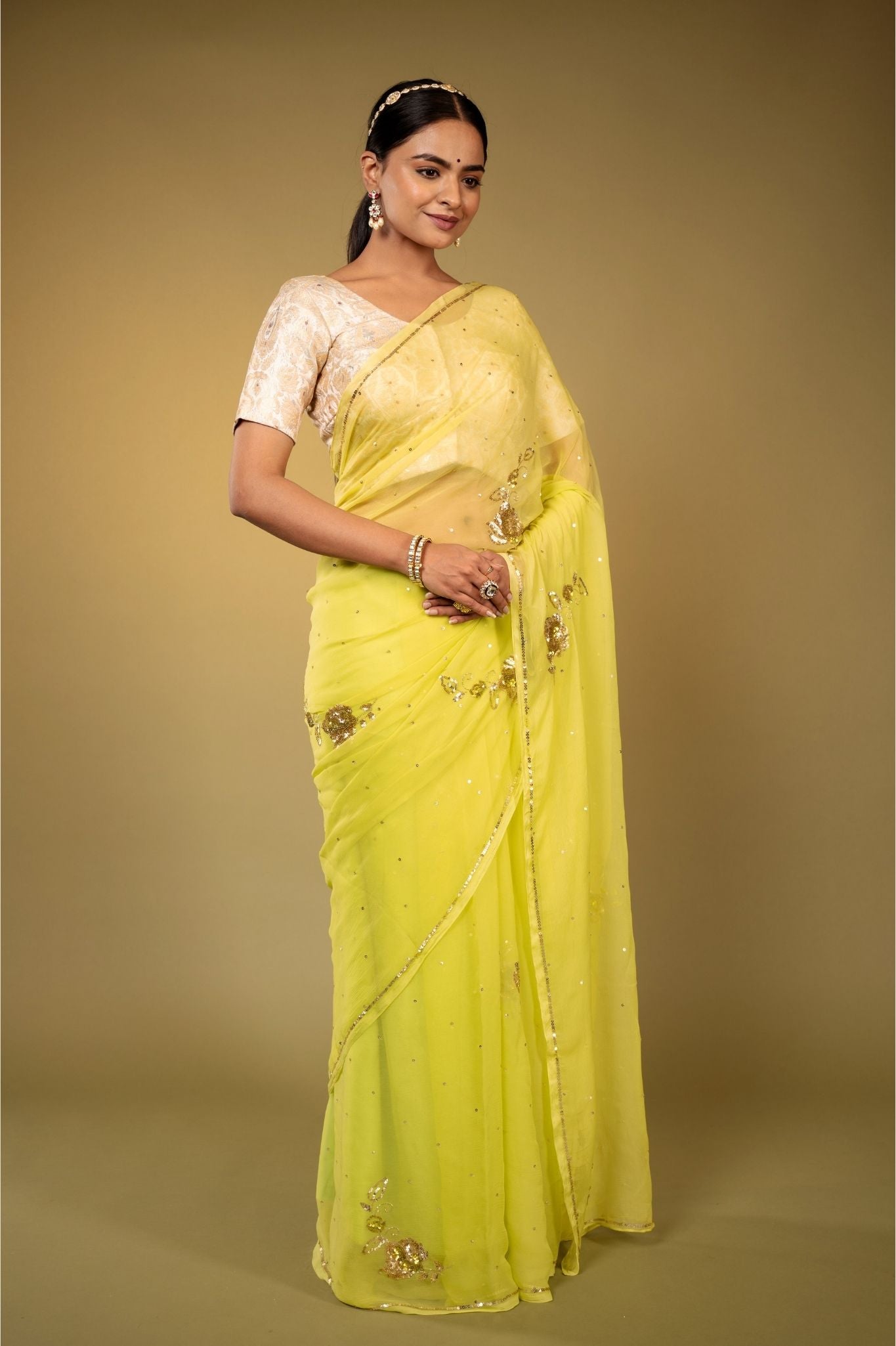 lemon viscose chiffon aari sequins motif handwork casual wear saree