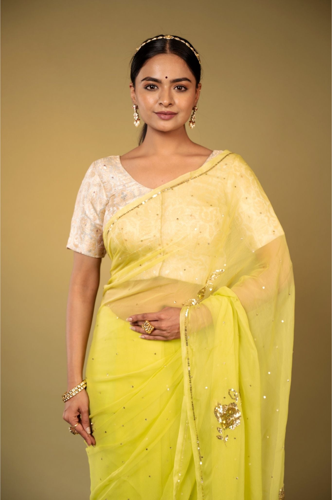 lemon viscose chiffon aari sequins motif handwork casual wear saree
