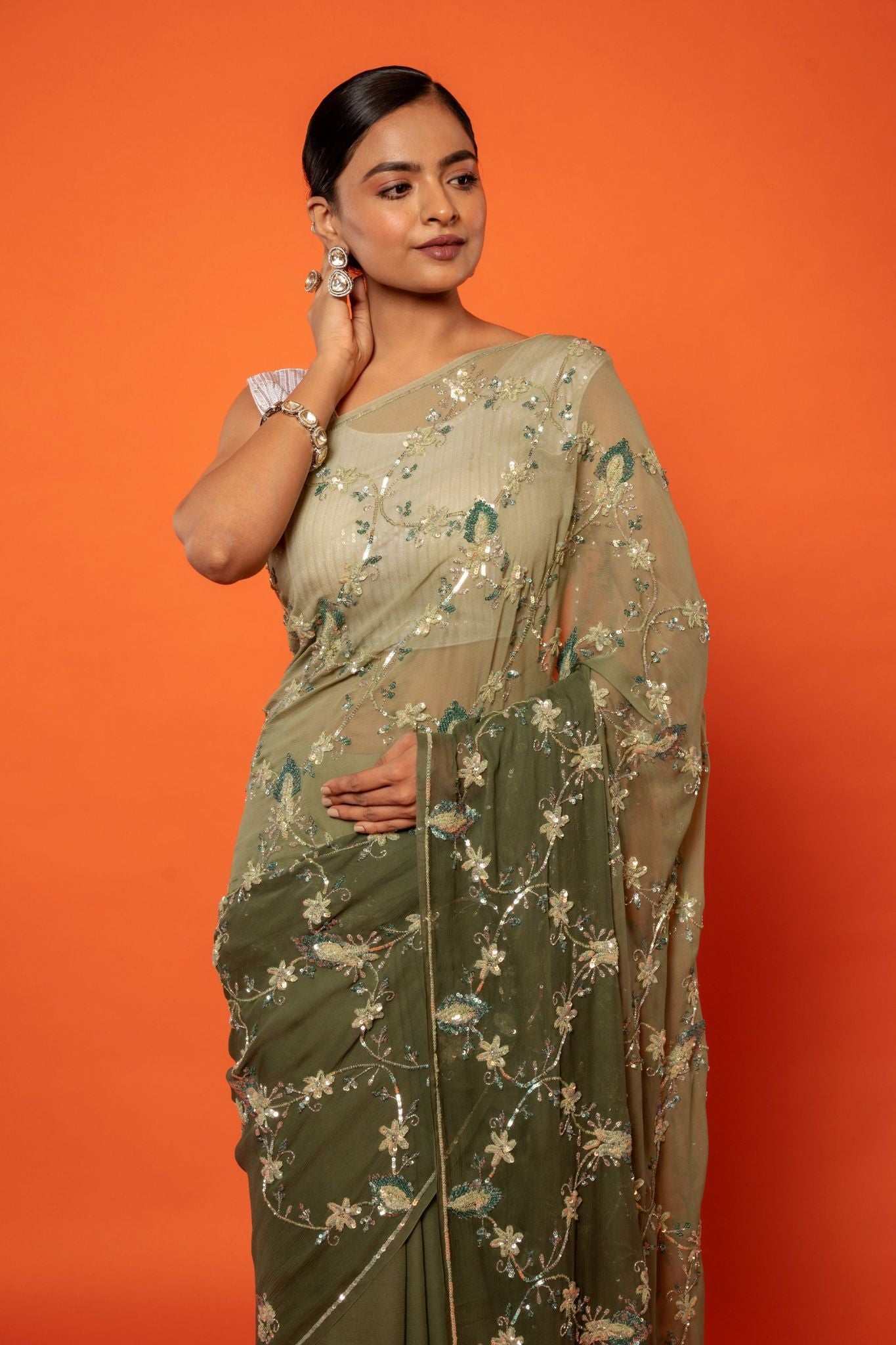 Olive green pure chiffon aari sequins jaal handwork saree