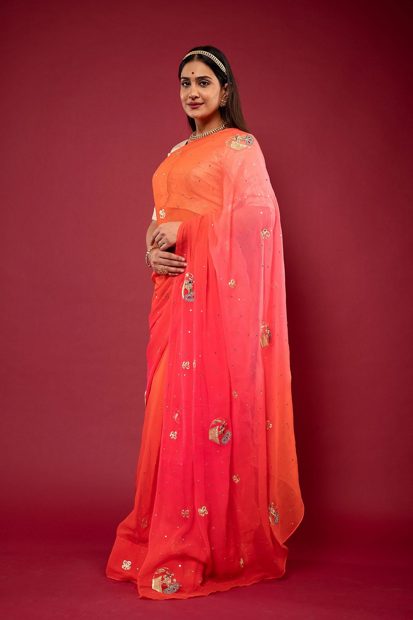peach pink pure chiffon Aari zardozi resham motif handwork saree
