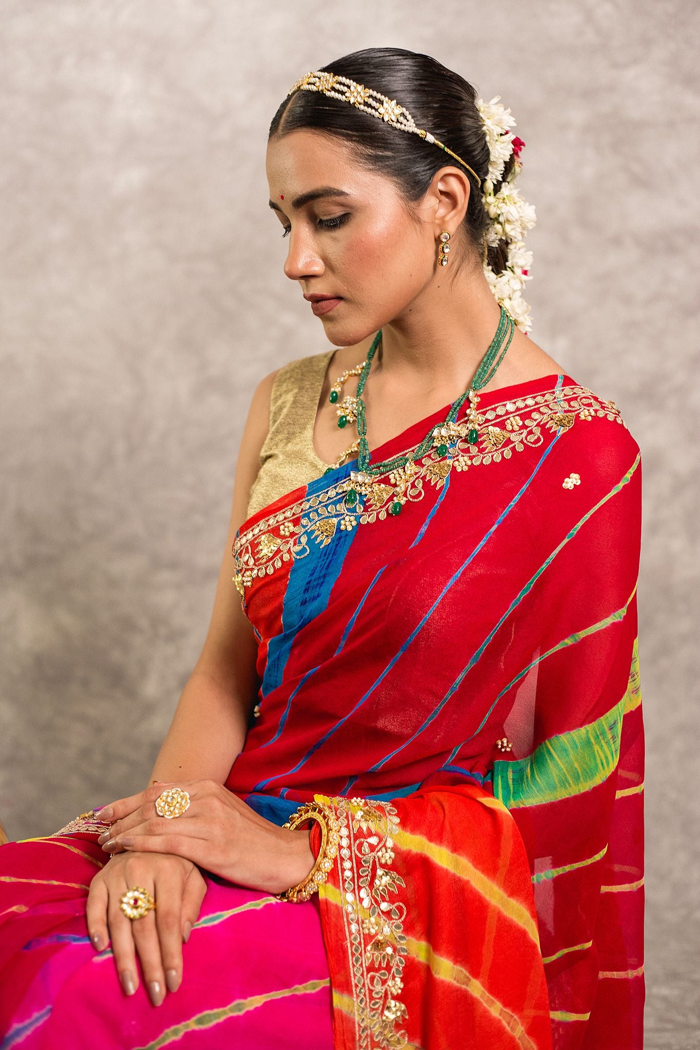 Multi lehariya Pure Georgette 20 Gsm Gotta Pati border butti handwork traditional wear saree