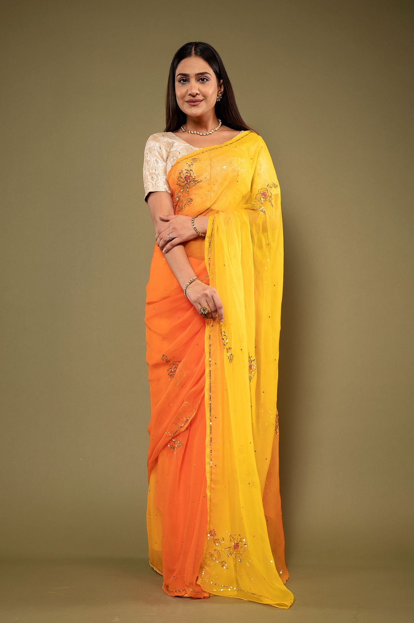 Orange yellow light dark viscose chiffon sequins motif handwork casual wear saree