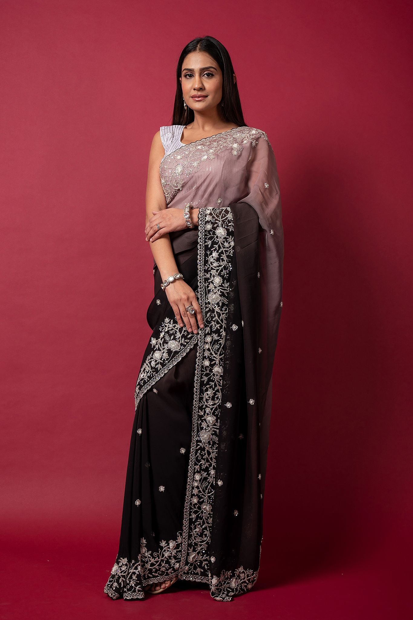 black grey organza pearl sequins kardana handwork saree