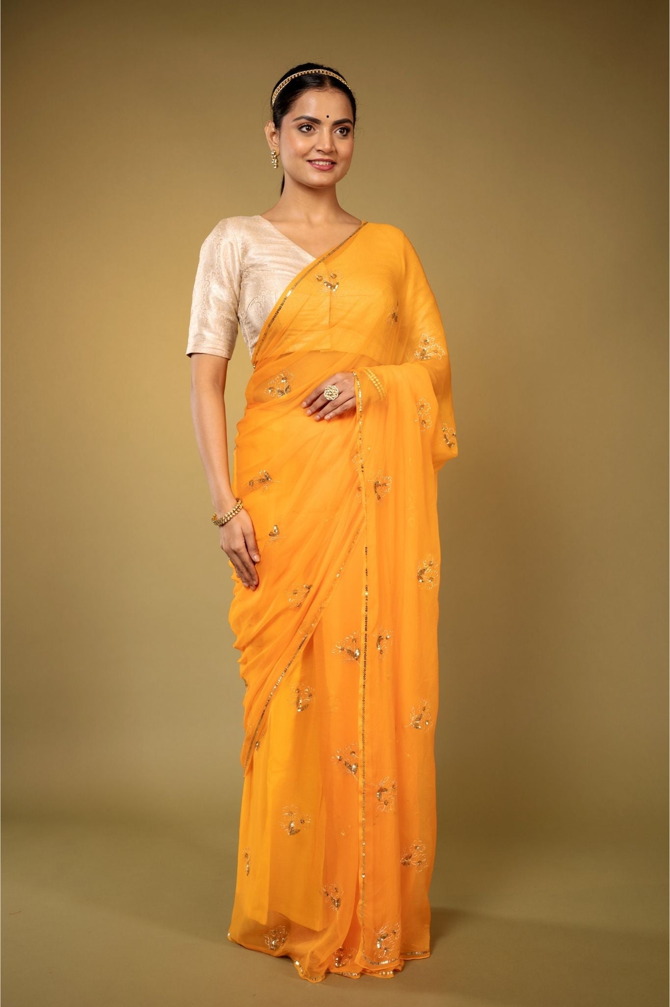 pastel orange viscose chiffon aari sequins handwork saree
