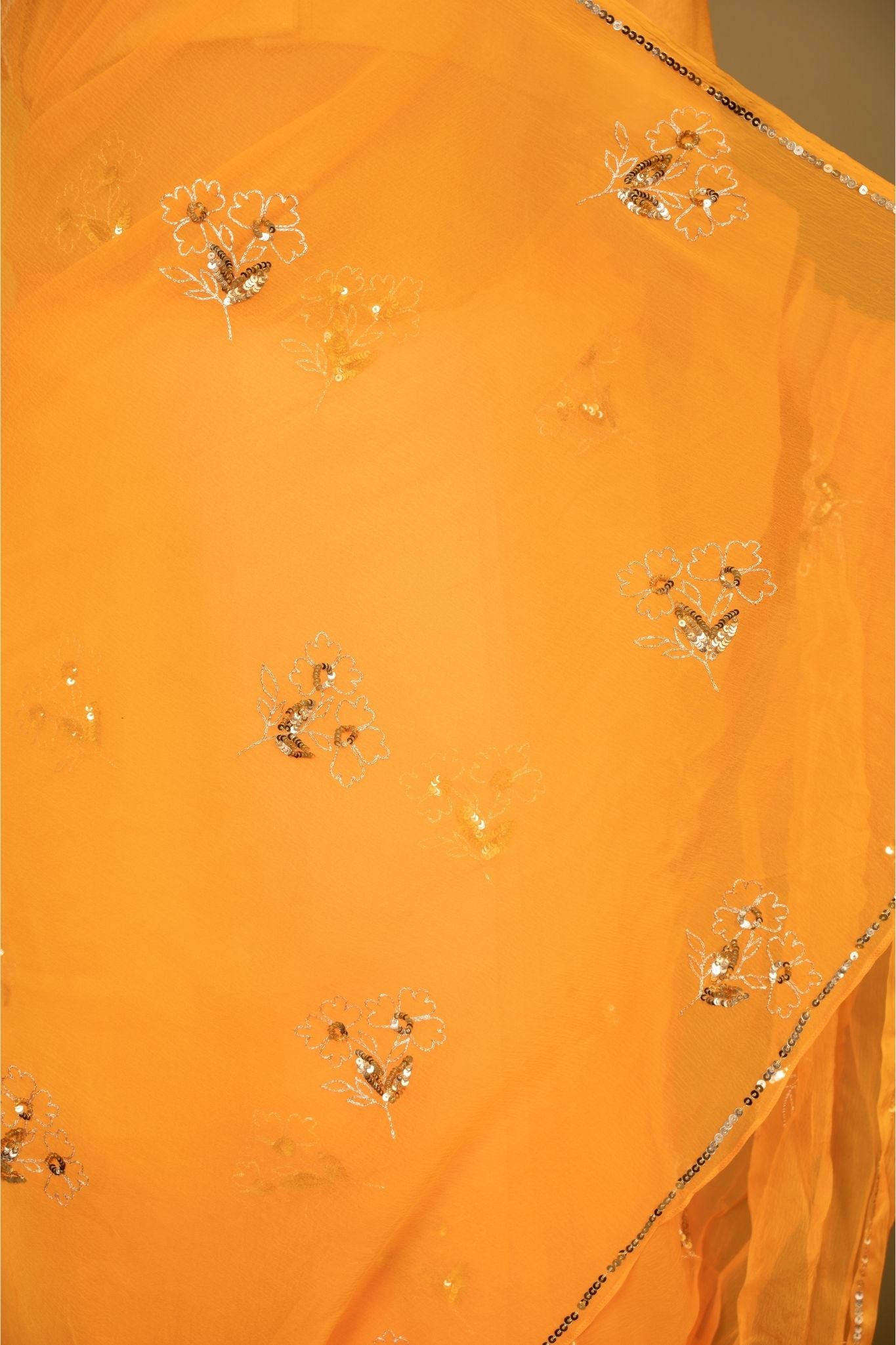 pastel orange viscose chiffon aari sequins handwork saree