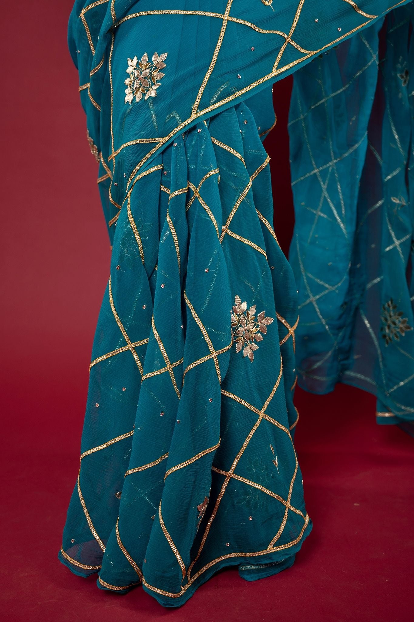 Rama light dark Viscose Chiffon Sikhiya gota mohri pati handwork party wear saree