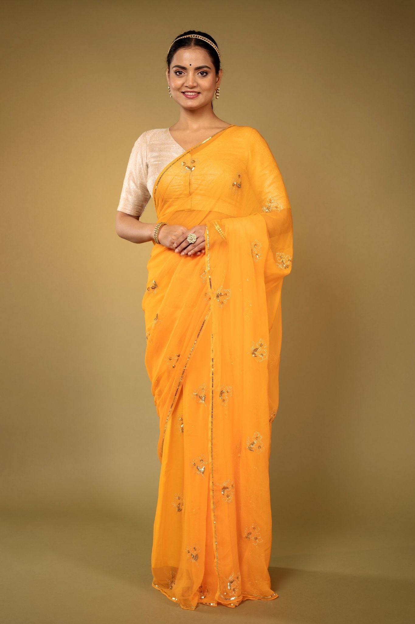 pastel orange viscose chiffon aari sequins handwork saree