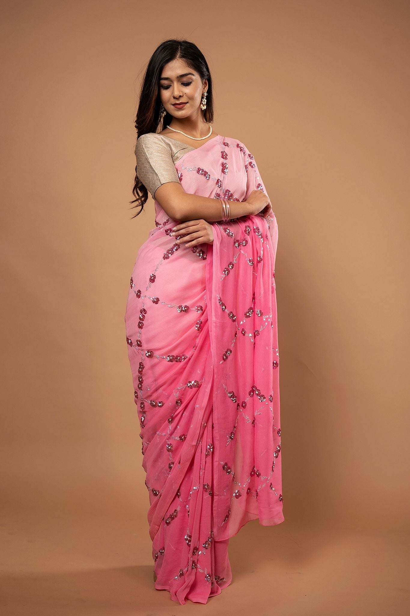 Pink light dark pure chiffon sequins jaal handwork saree