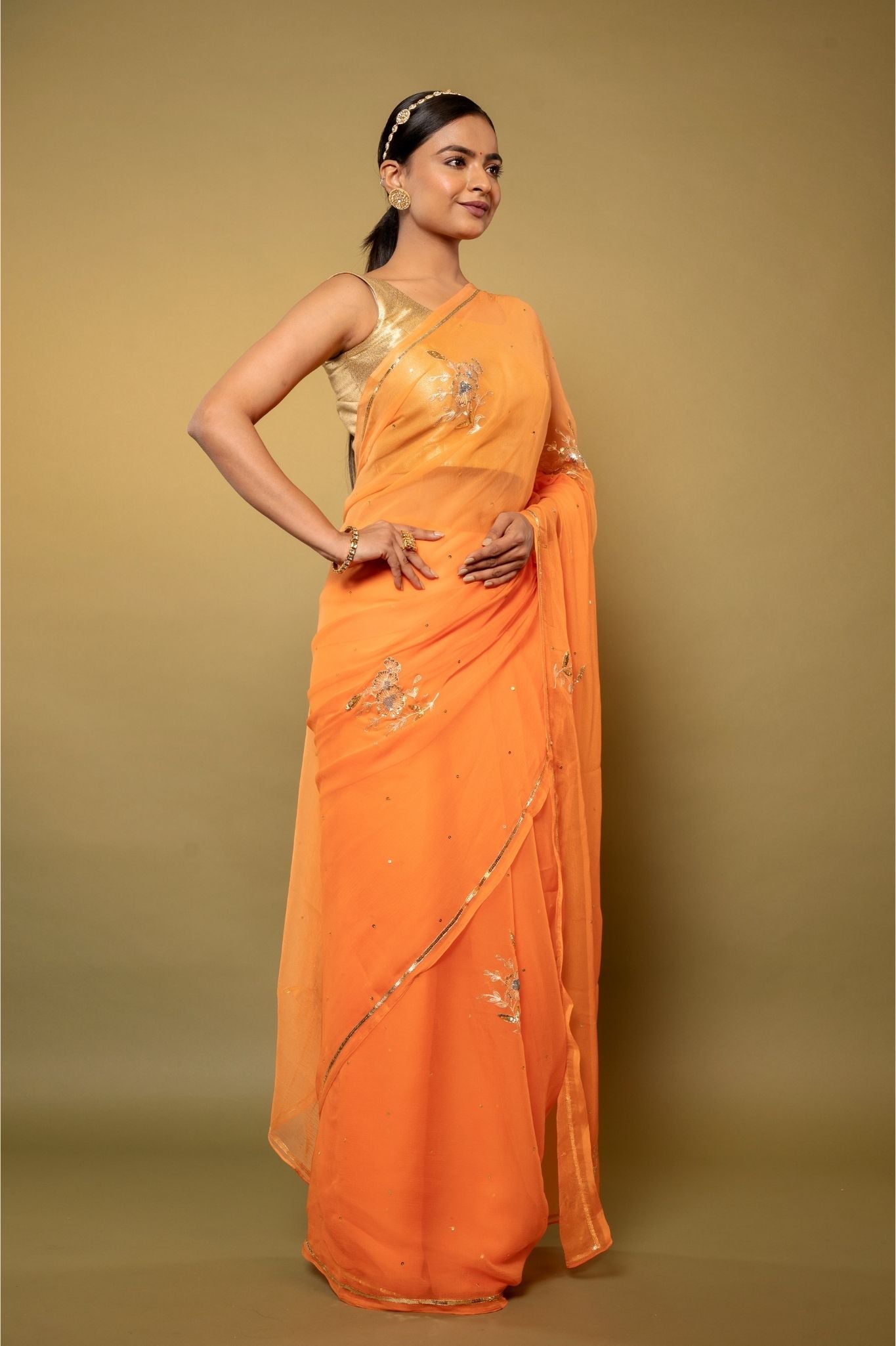 Peach viscose chiffon aari sequins motif handwork casual wear saree