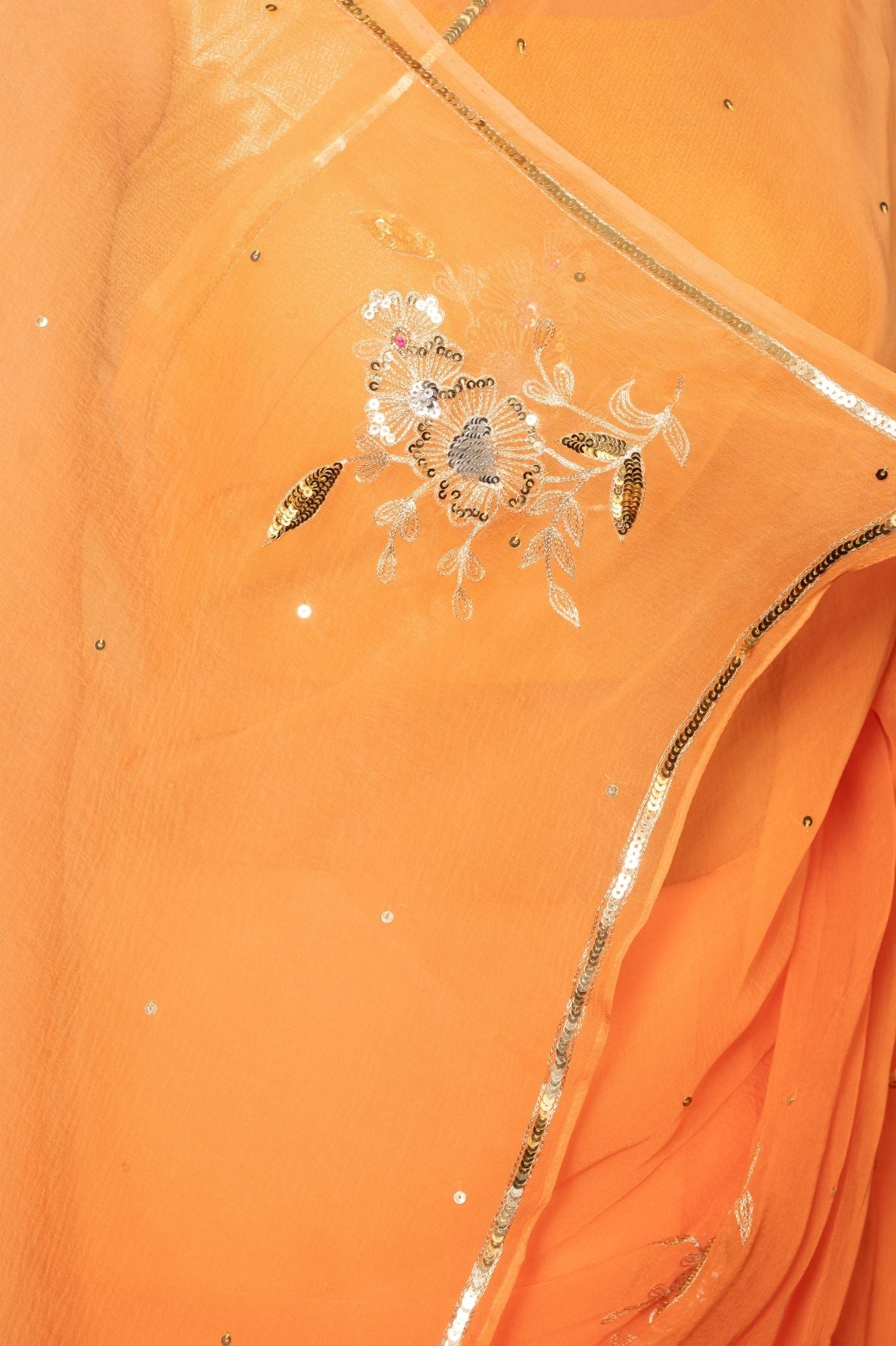 Peach viscose chiffon aari sequins motif handwork casual wear saree