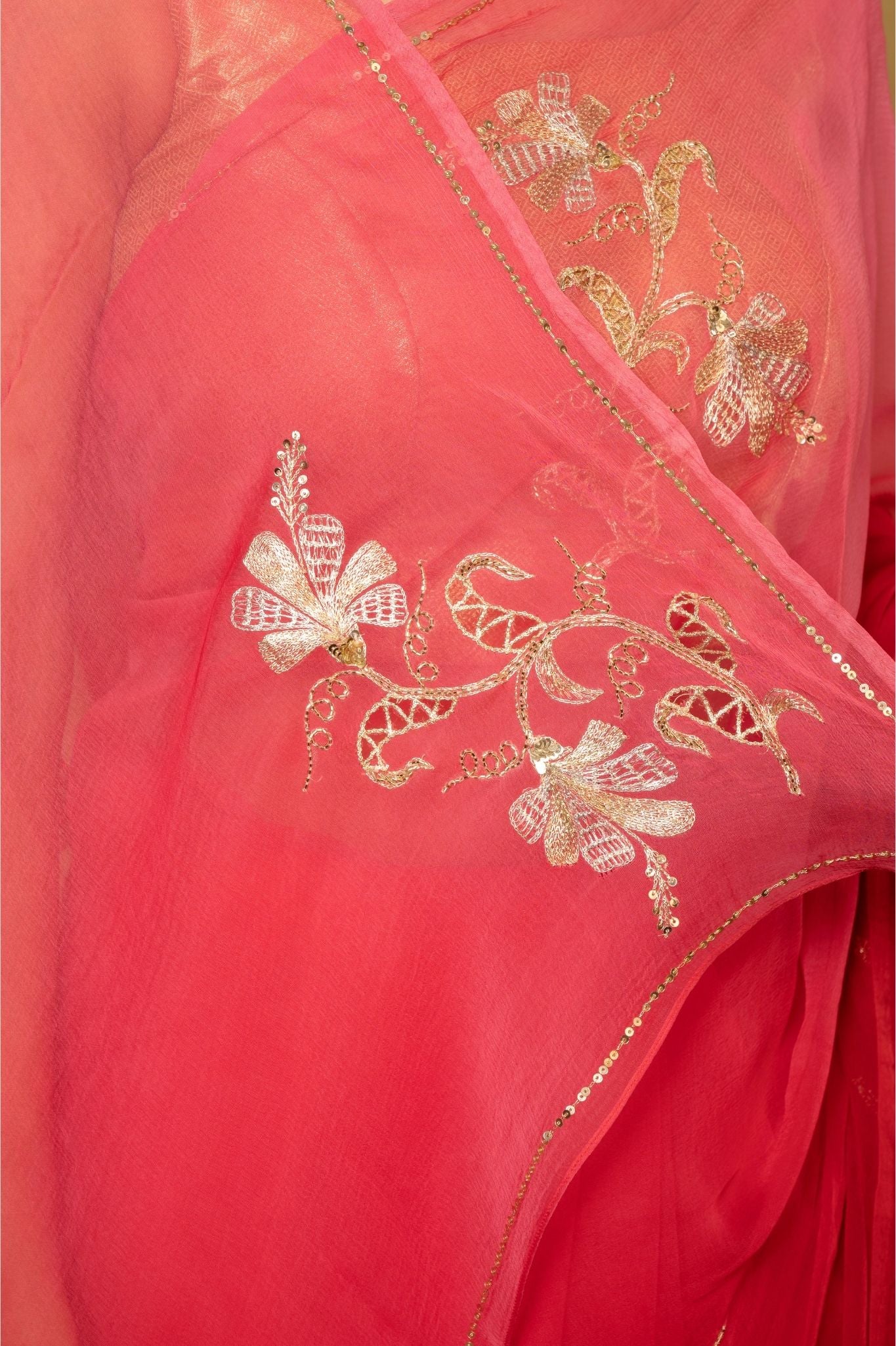 Warm Red viscose chiffon aari sequins cut work motif handwork casual wear saree