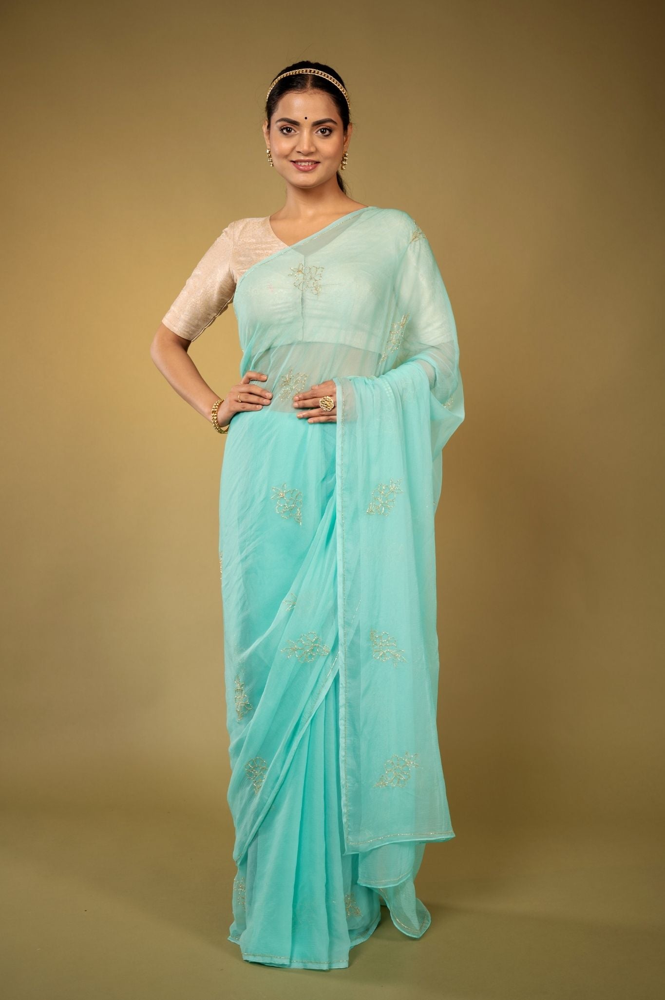 sky blue viscose chiffon kardana motif handwork casual wear saree
