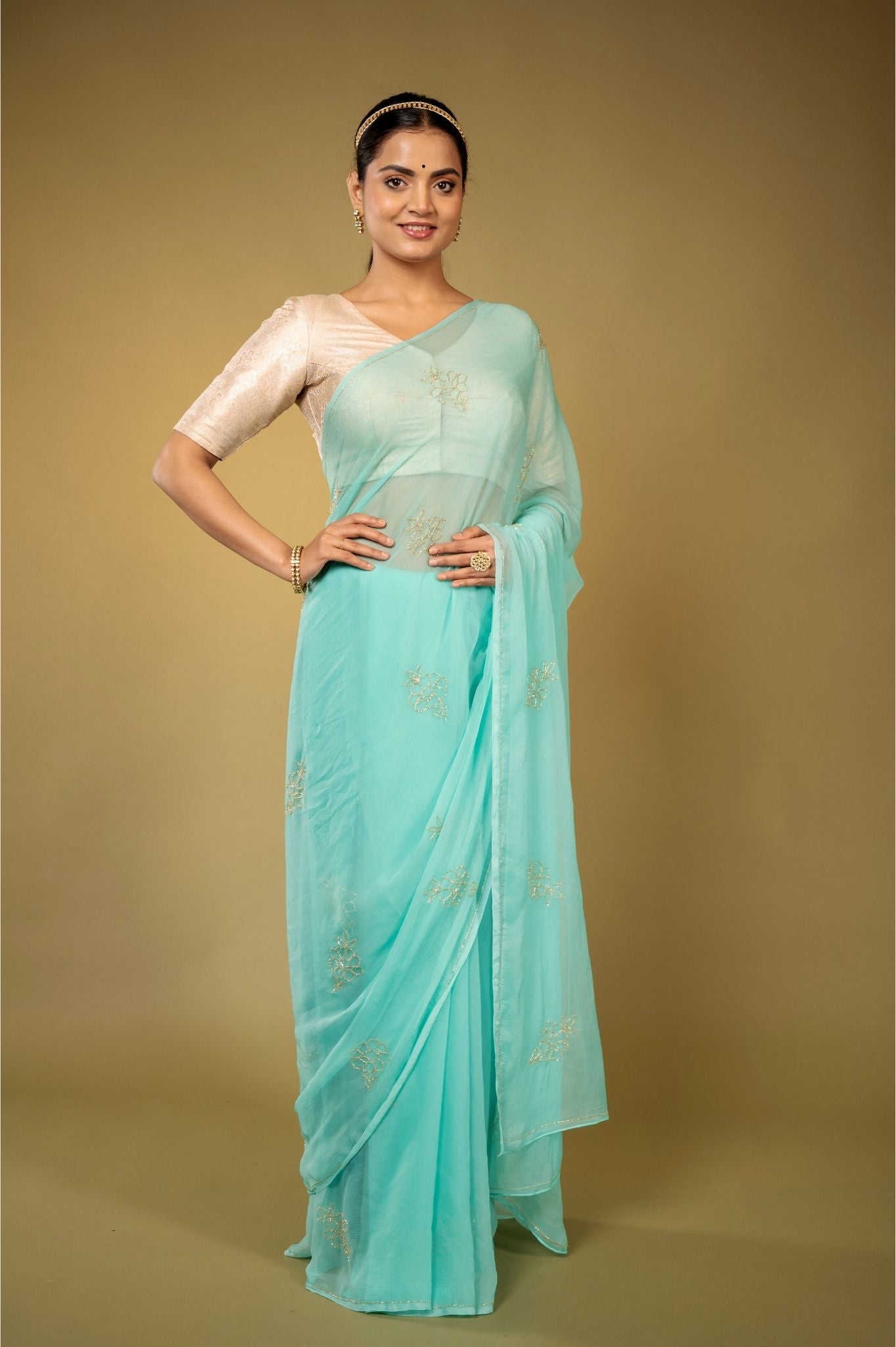 sky blue viscose chiffon kardana motif handwork casual wear saree