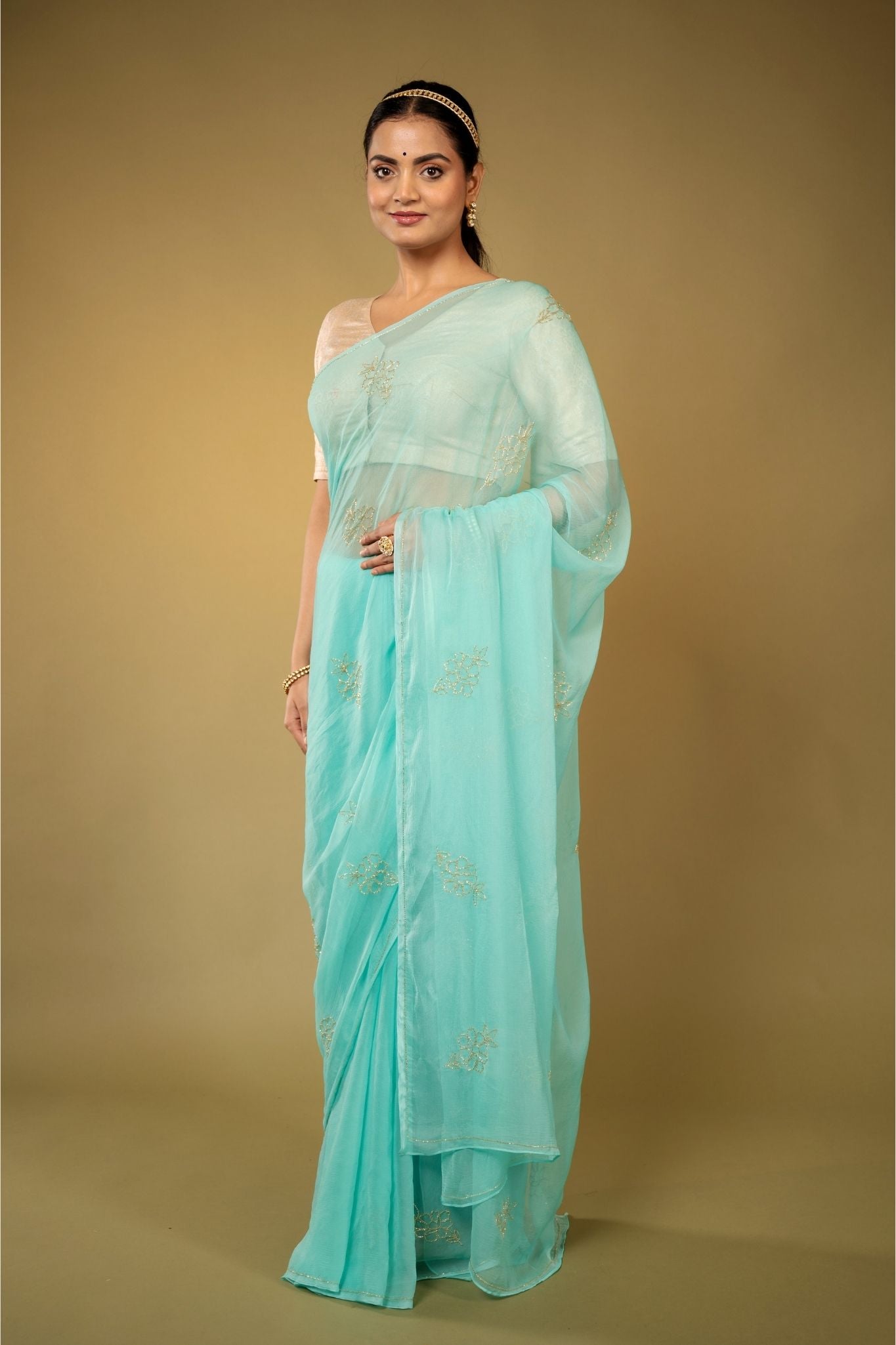 sky blue viscose chiffon kardana motif handwork casual wear saree