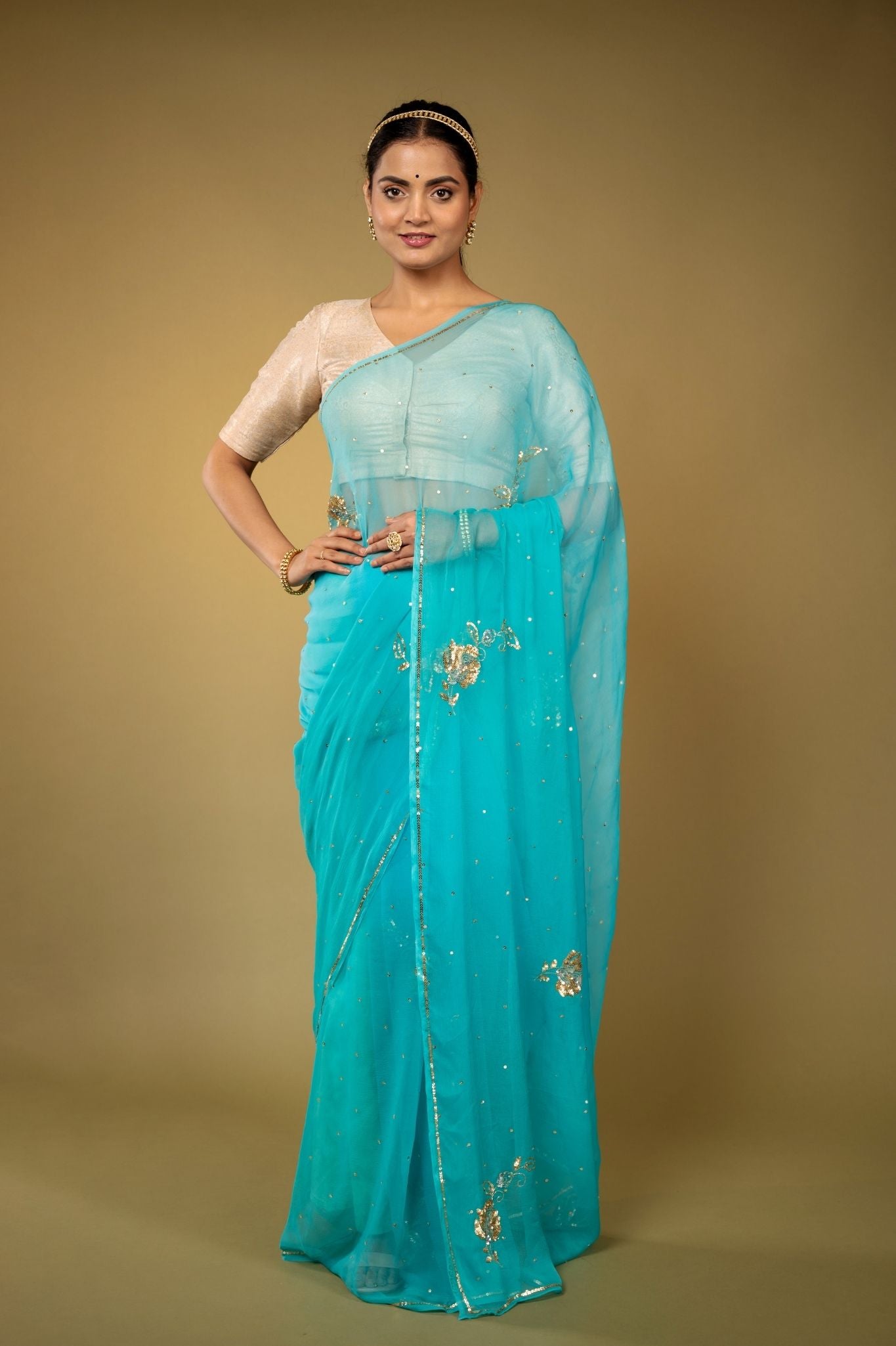 Skyblue viscose chiffon sequins kardana motif handwork casual wear saree