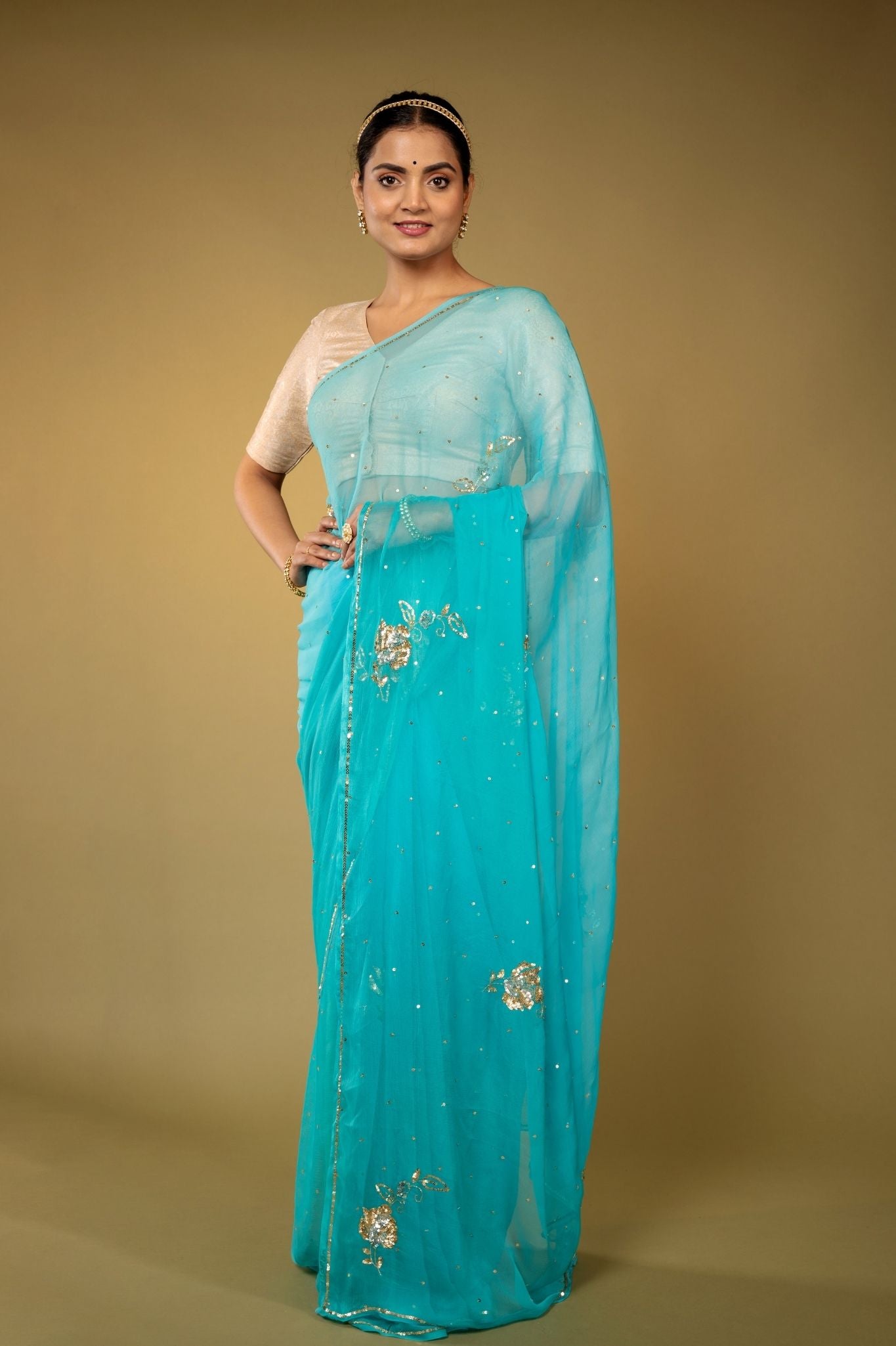 Skyblue viscose chiffon sequins kardana motif handwork casual wear saree