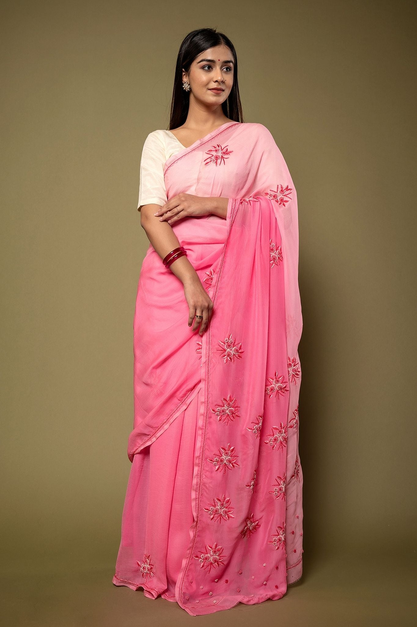 Pink light dark Pure Chiffon Resham Embroidery motif handwork saree