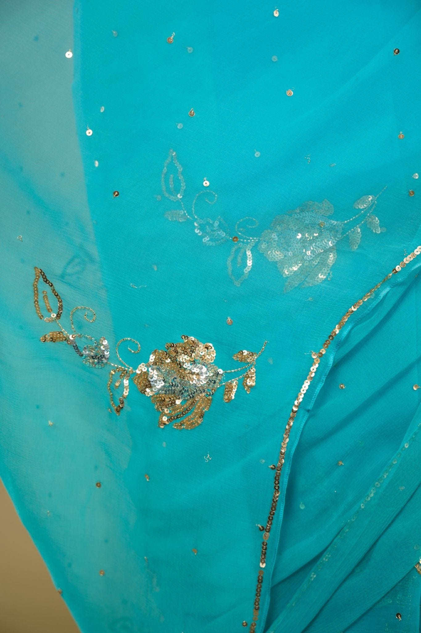 Skyblue viscose chiffon sequins kardana motif handwork casual wear saree