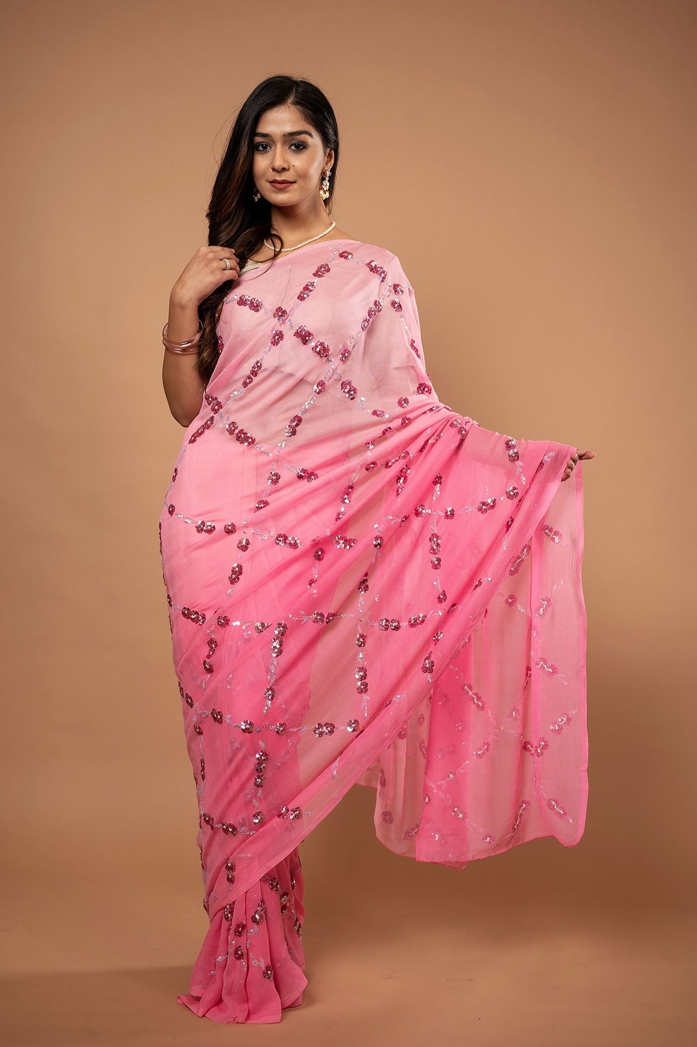 Pink light dark pure chiffon sequins jaal handwork saree