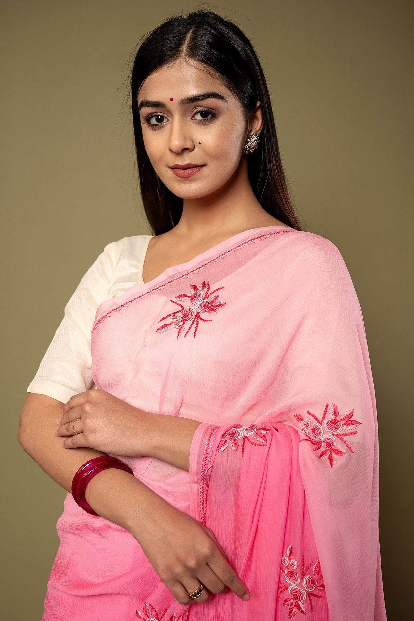 Pink light dark Pure Chiffon Resham Embroidery motif handwork saree