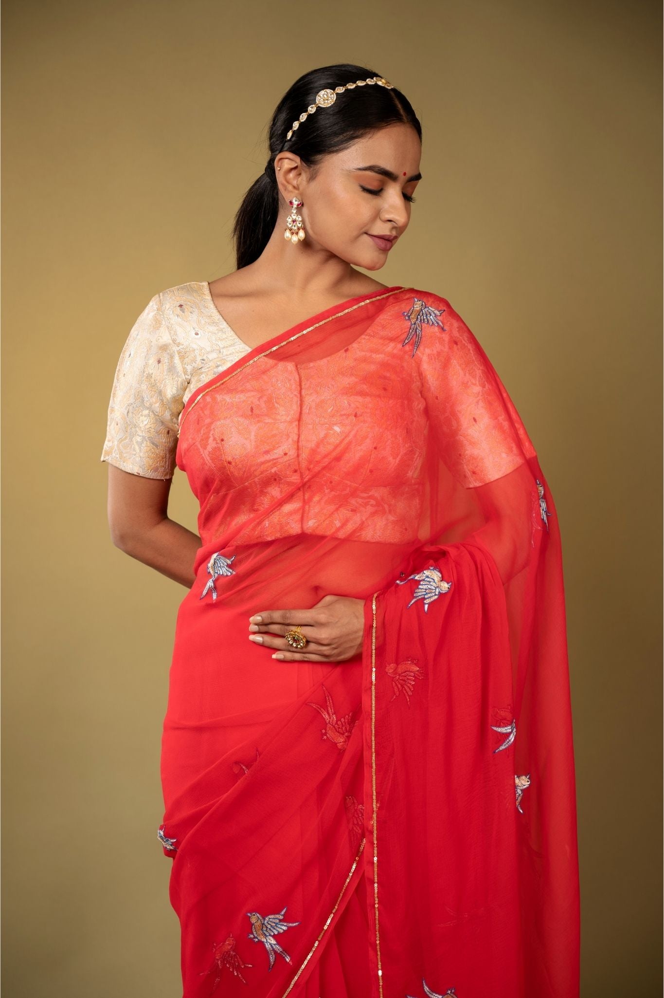 Red Viscose Chiffon Aari resham motif handwork casual wear saree