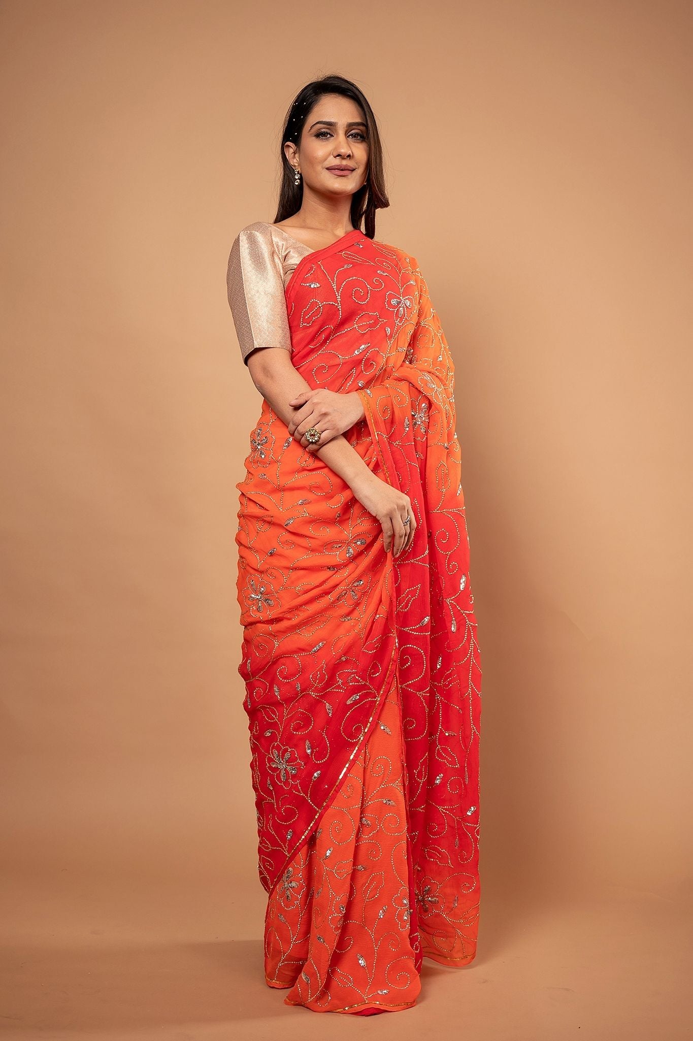 Orange light dark pure chiffon sequins jaal handwork saree