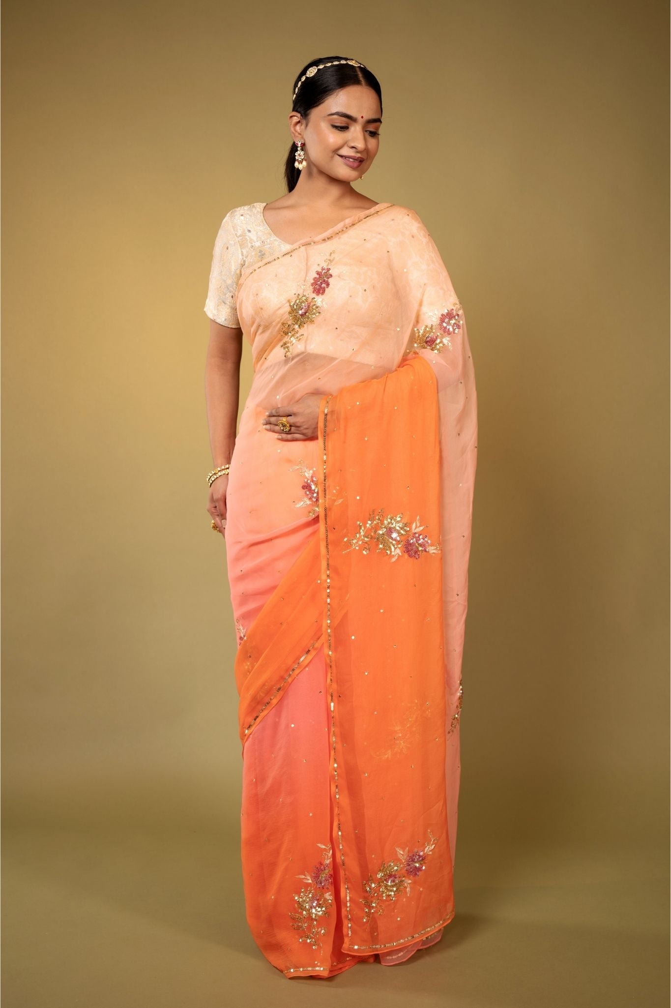 Peach light dark Viscose Chiffon aari sequins motif handwork casual wear saree
