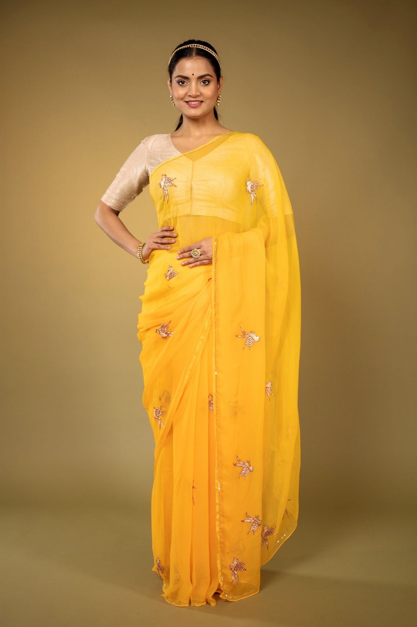 Yellow Viscose Chiffon aari resham motif handwork casual wear saree