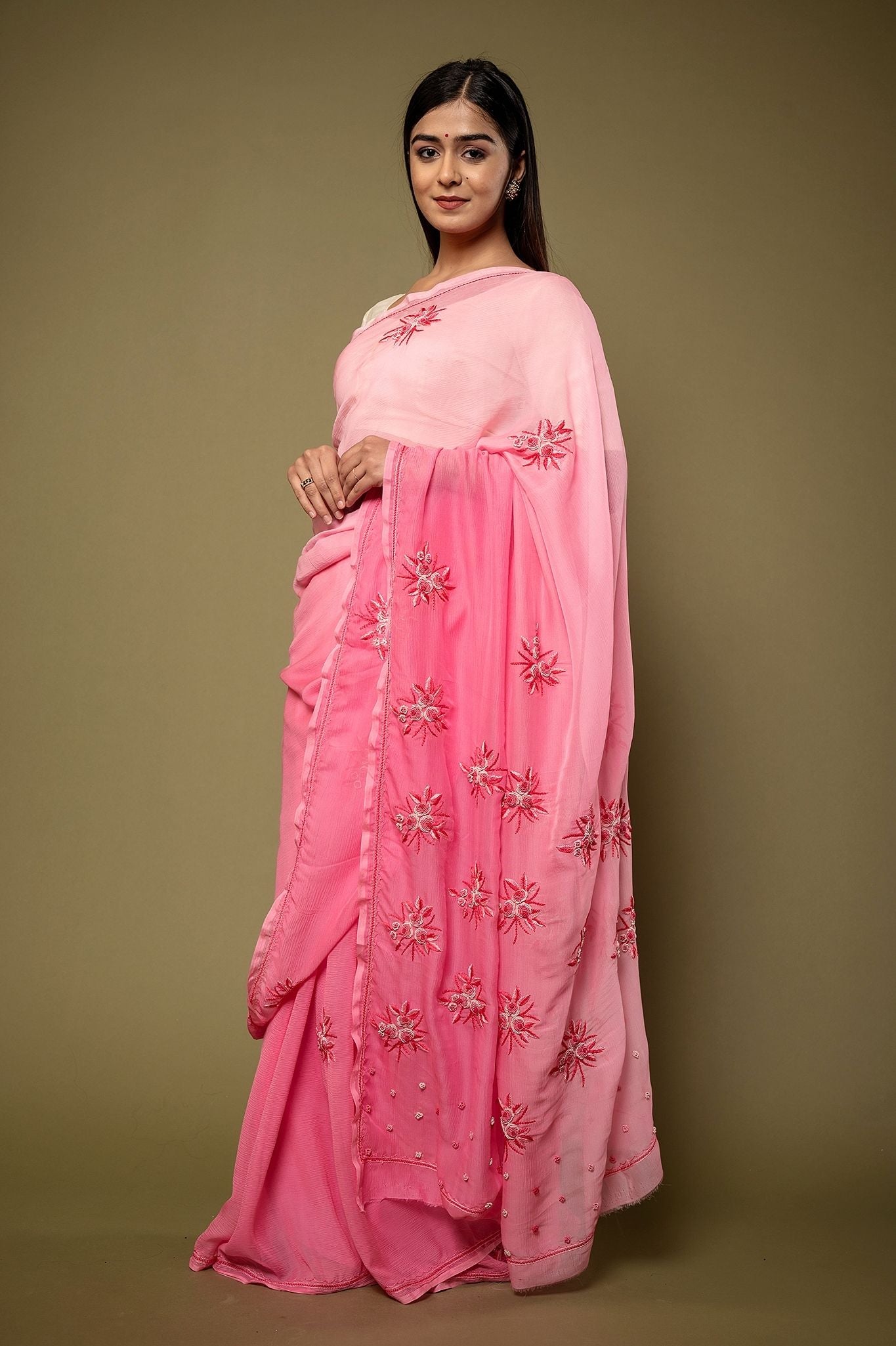 Pink light dark Pure Chiffon Resham Embroidery motif handwork saree