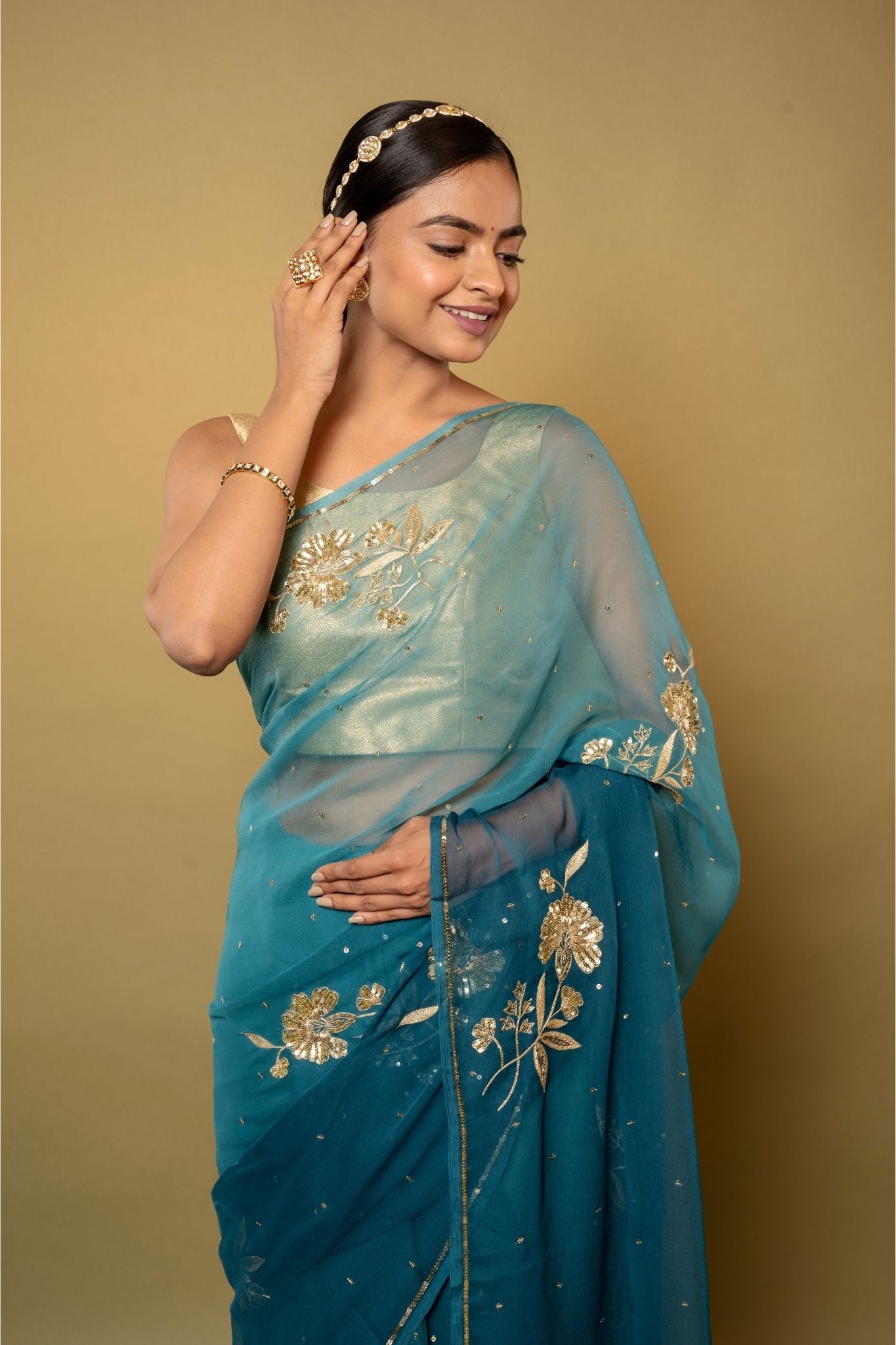 Rama blue light dark Viscose Chiffon aari sequins motif handwork casual wear saree