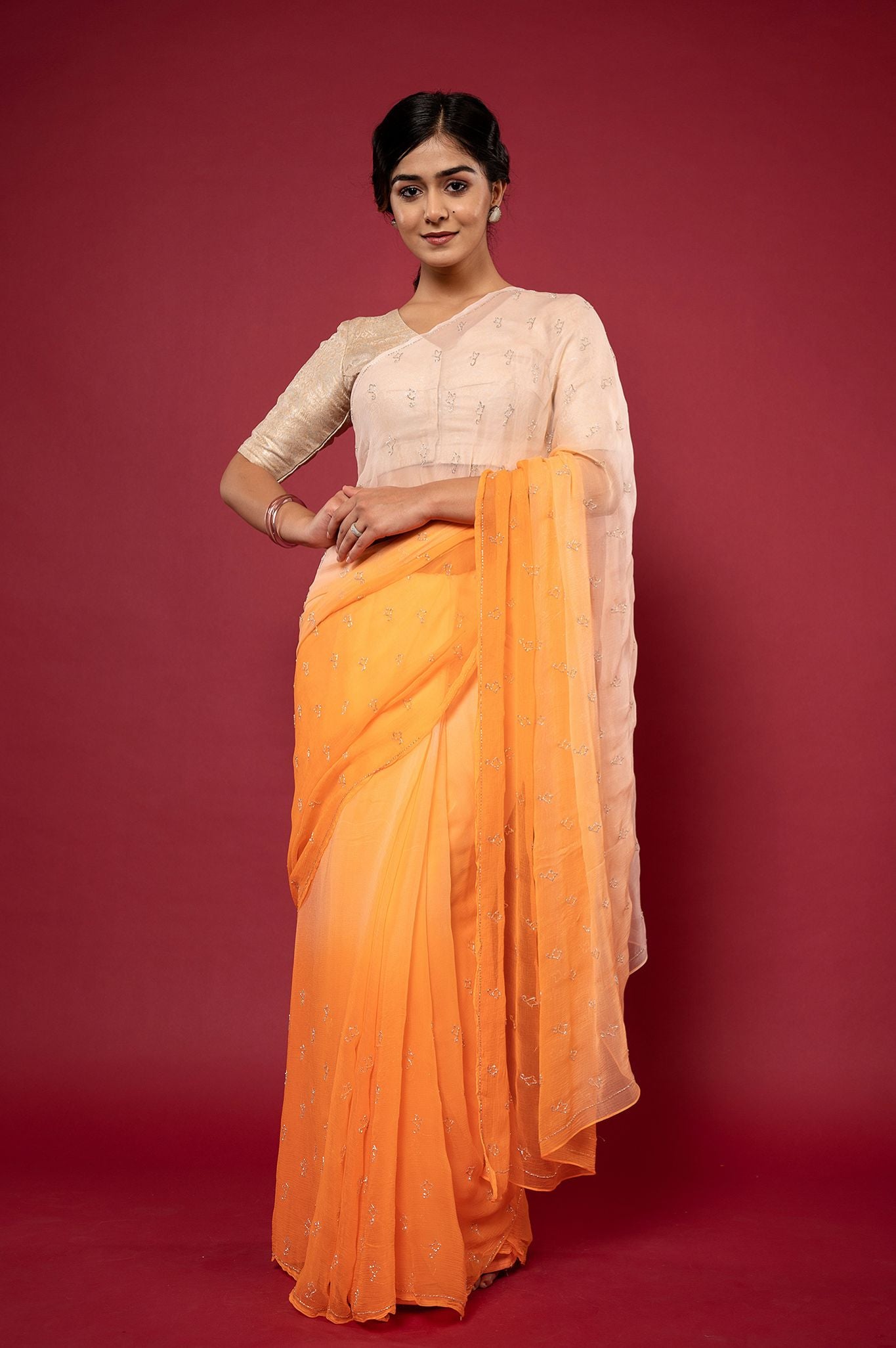 Peach light dark viscose chiffon kardana motif handwork casual wear saree
