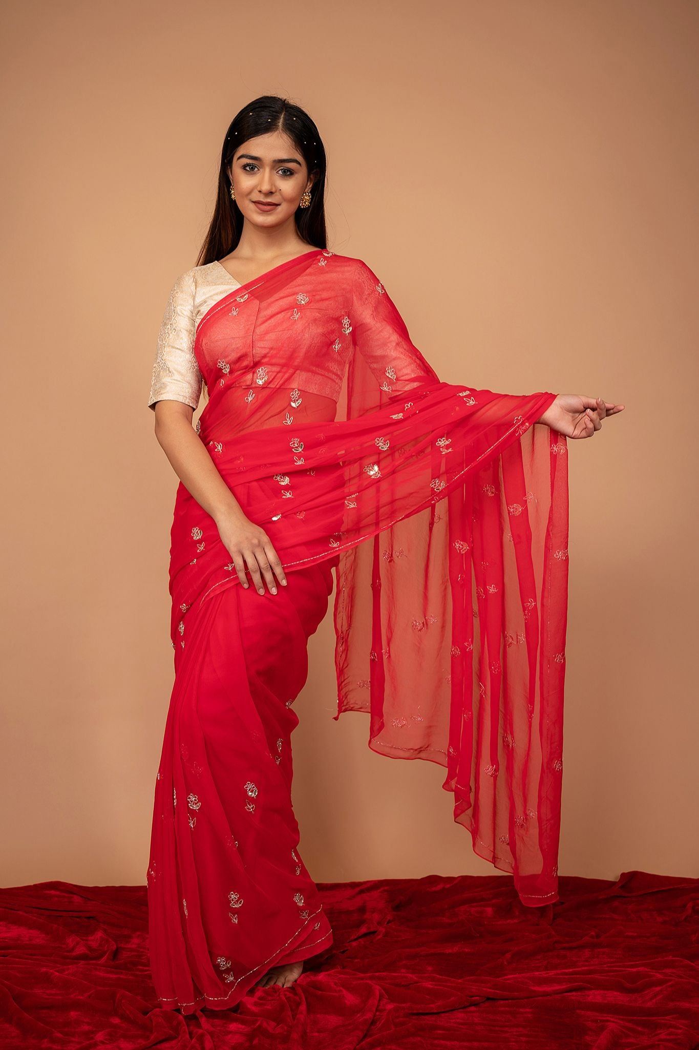 Red Viscose Chiffon Gottapati butti handwork daily wear saree