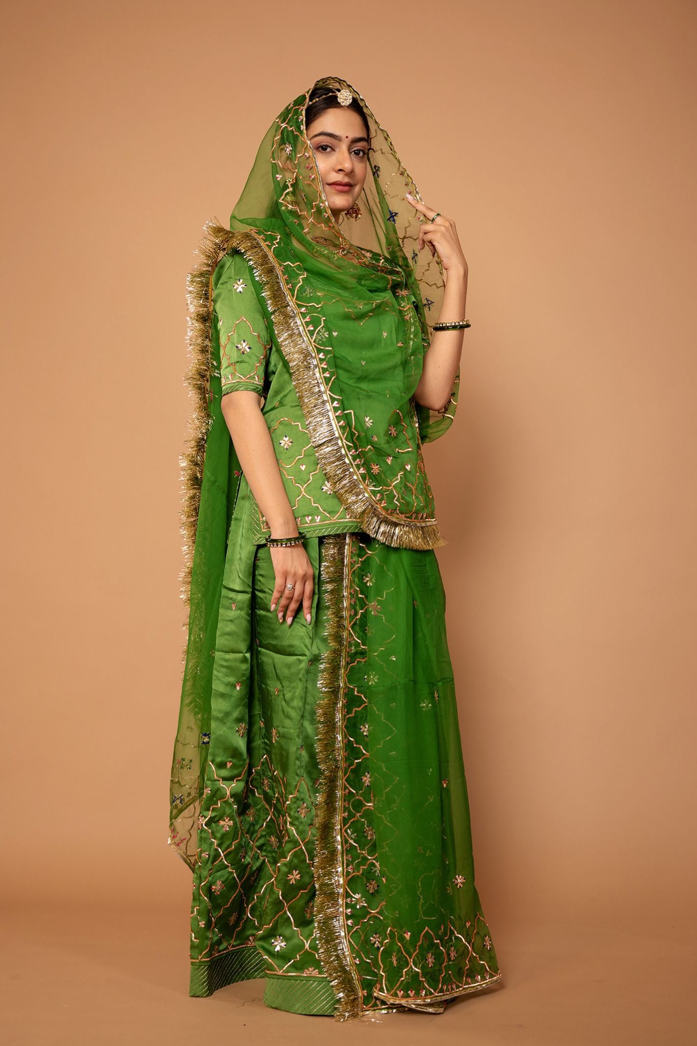 forest green Bamber Satin Sikhiya Gotta handwork rajputi Poshak with pure odhna