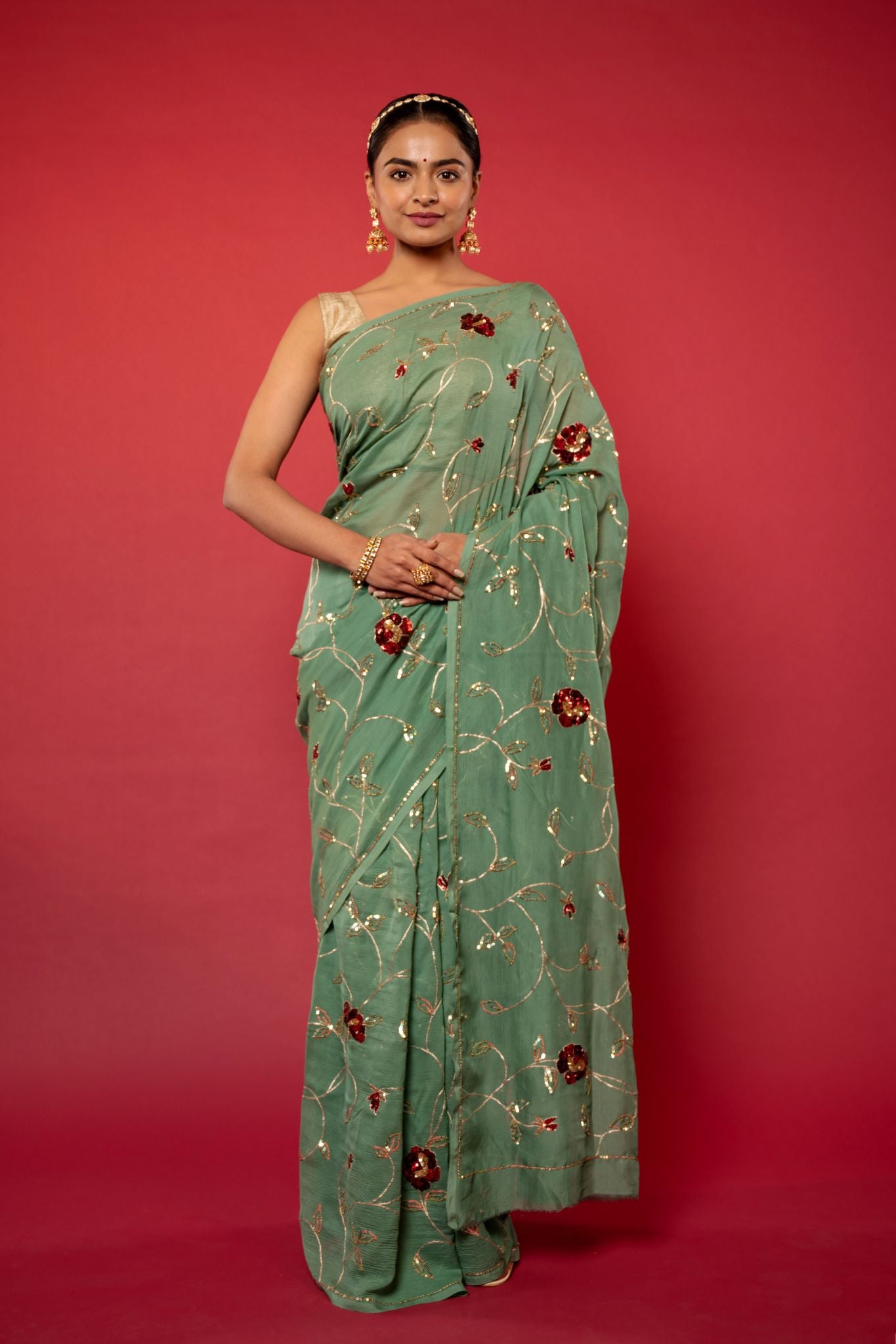 Oilve pure chiffon sequins jaal handwork saree