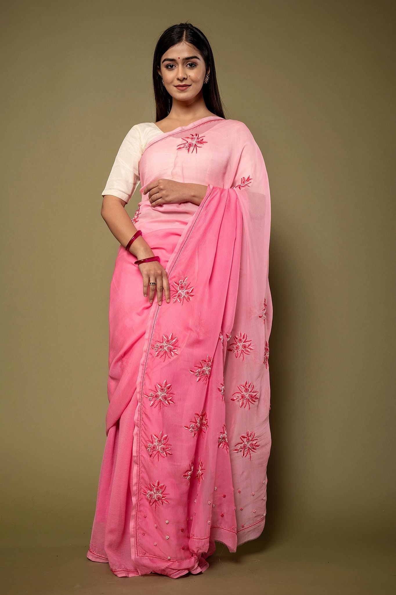 Pink light dark Pure Chiffon Resham Embroidery motif handwork saree