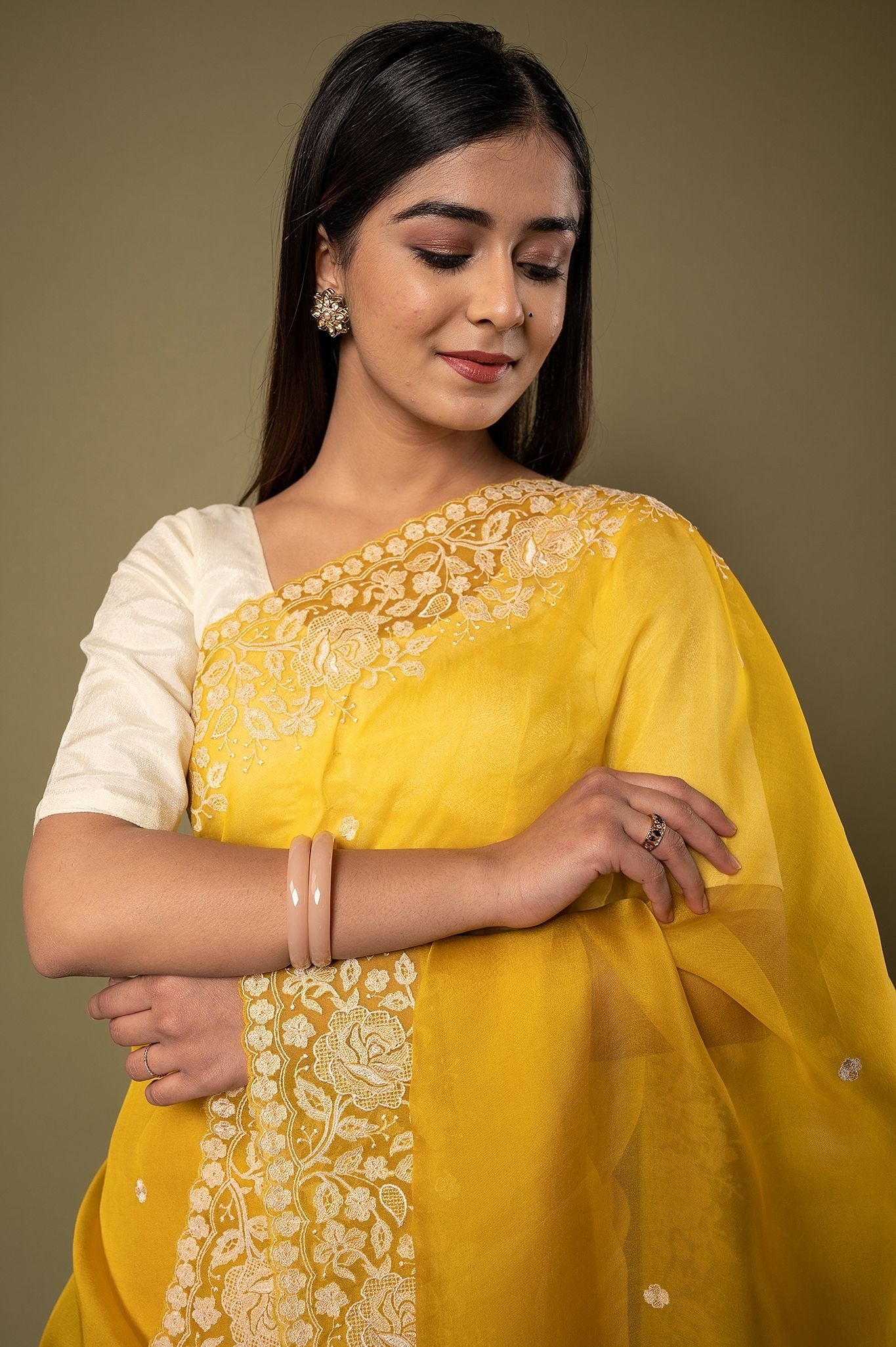 Yellow Organza resham border butti handwork saree
