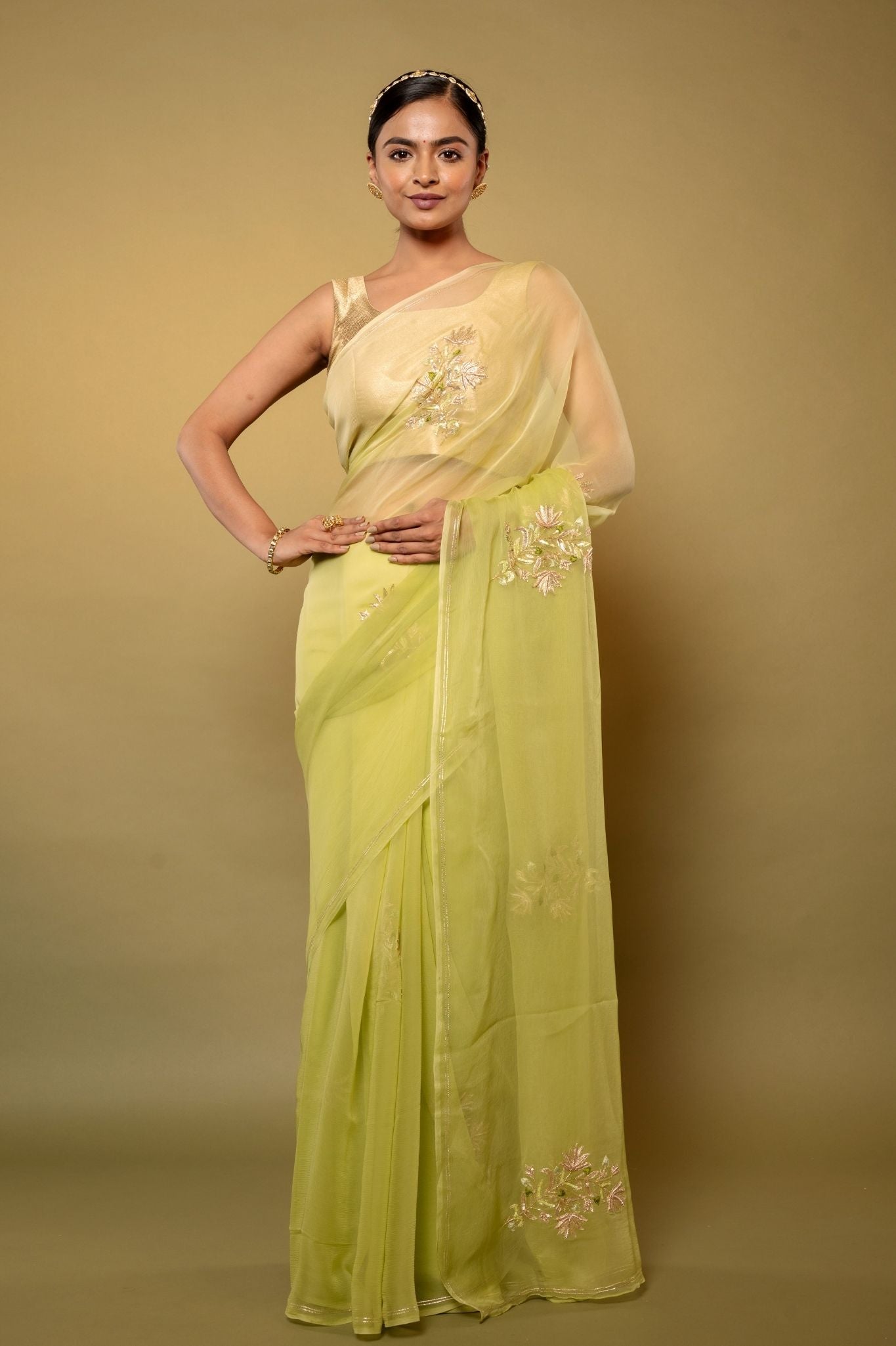 Pista green light dark Viscose Chiffon aari sequins motif handwork casual wear saree