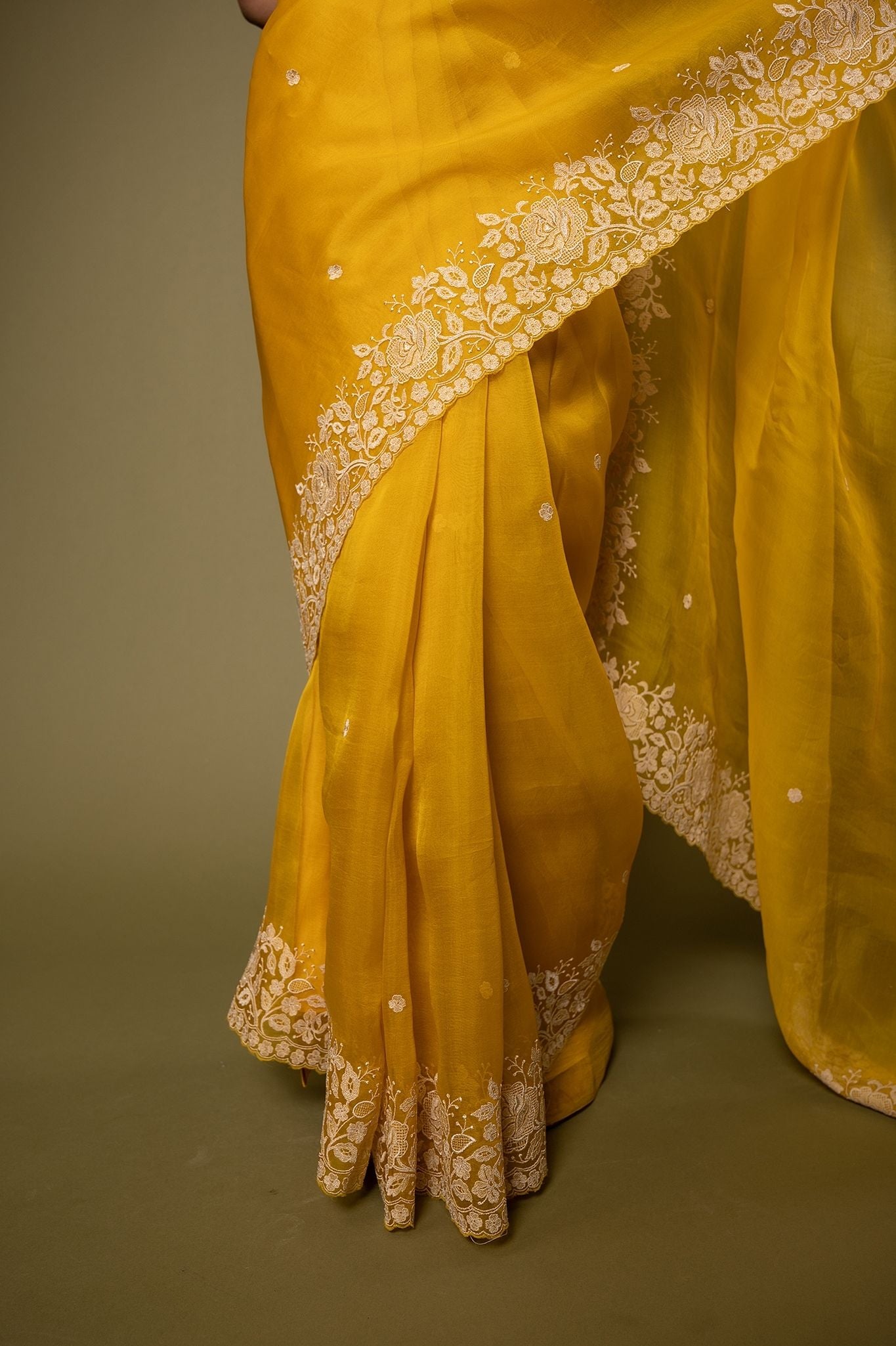 Yellow Organza resham border butti handwork saree