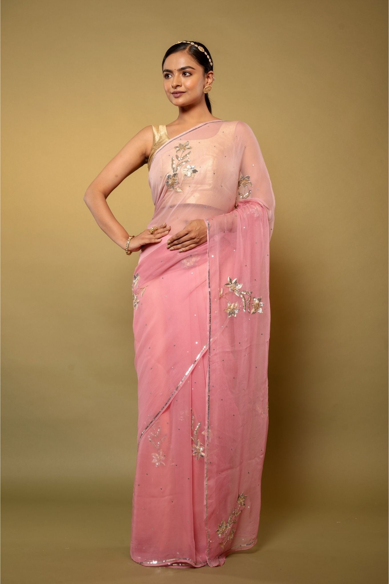 mate pink Viscose Chiffon Aari sequins Motif handwork casual wear saree